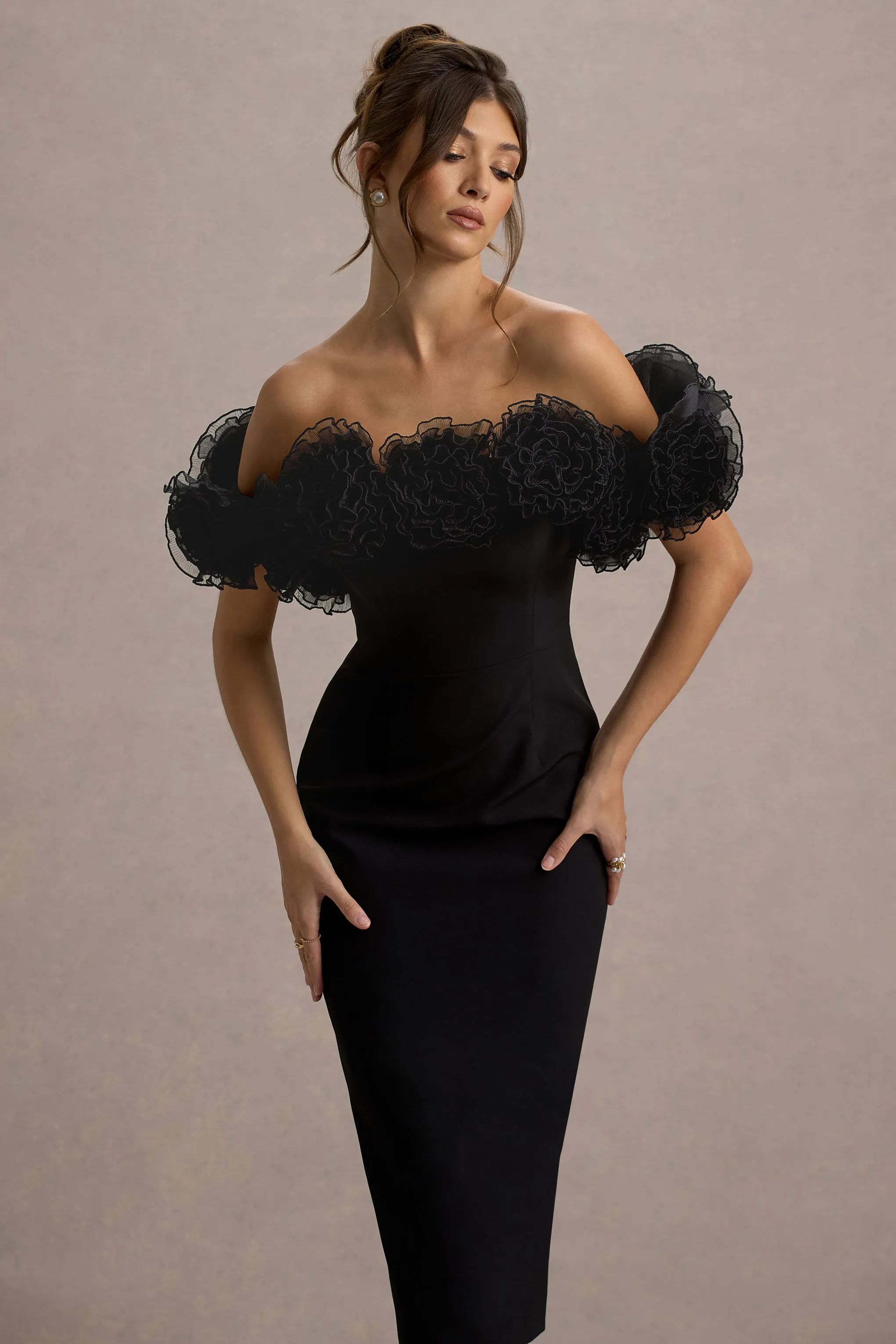 Alizzi | Black Bardot Midi Dress With Ruffle Trim Club L London