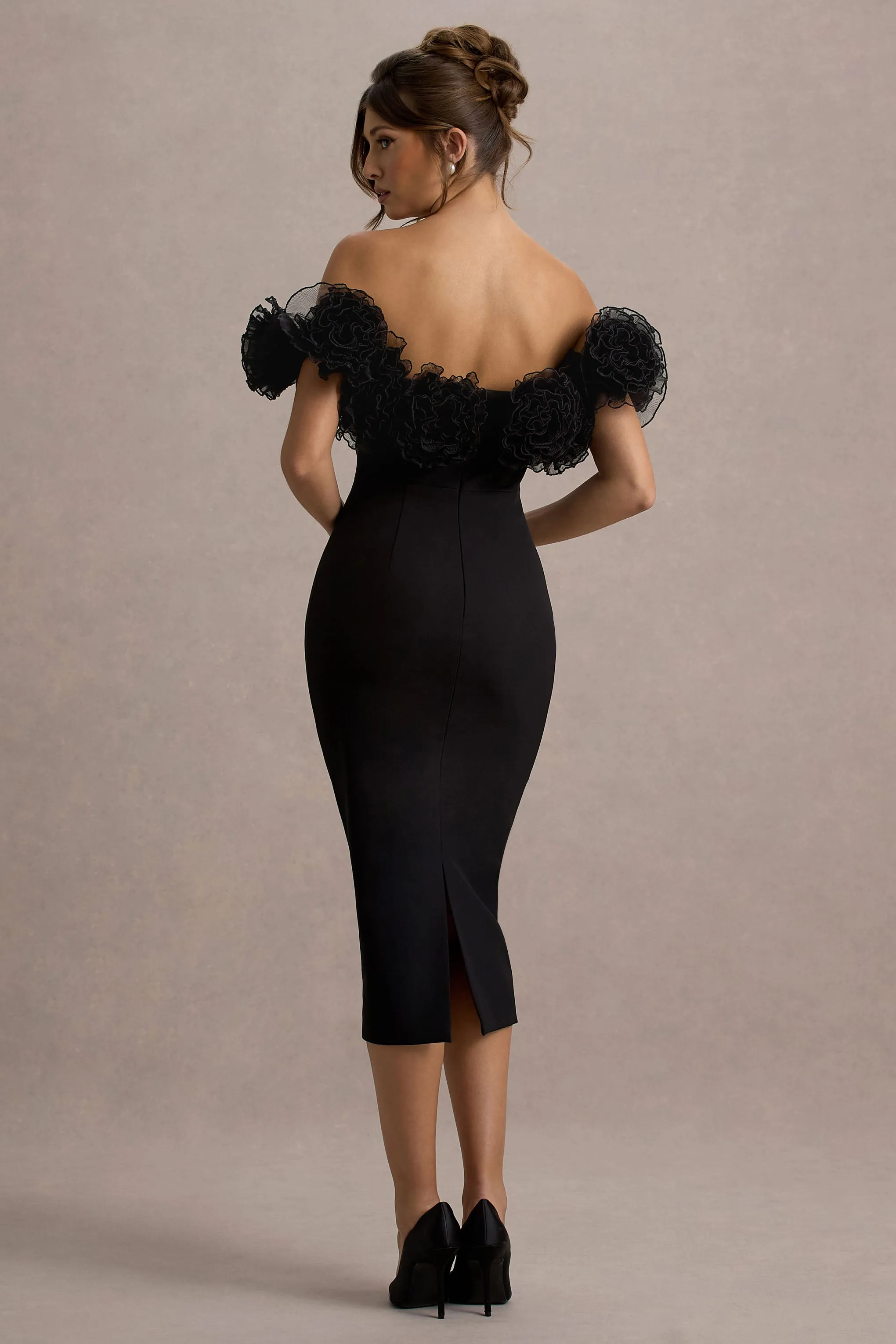 Alizzi | Black Bardot Midi Dress With Ruffle Trim Club L London