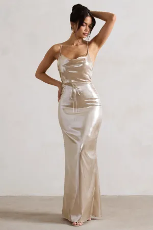 All In Time | Champagne Metallic Cowl-Neck Maxi Dress With Cross Back Detail Club L London