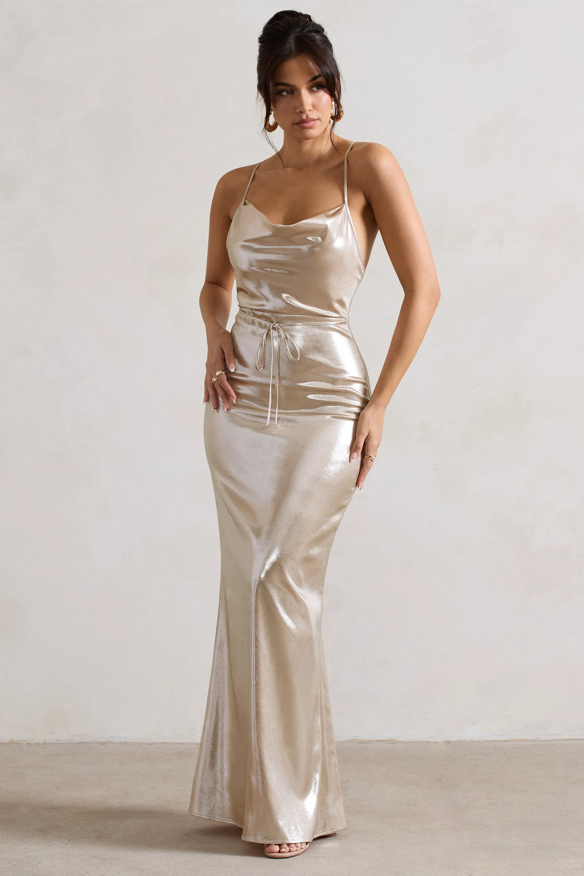 All In Time | Champagne Metallic Cowl-Neck Maxi Dress With Cross Back Detail Club L London