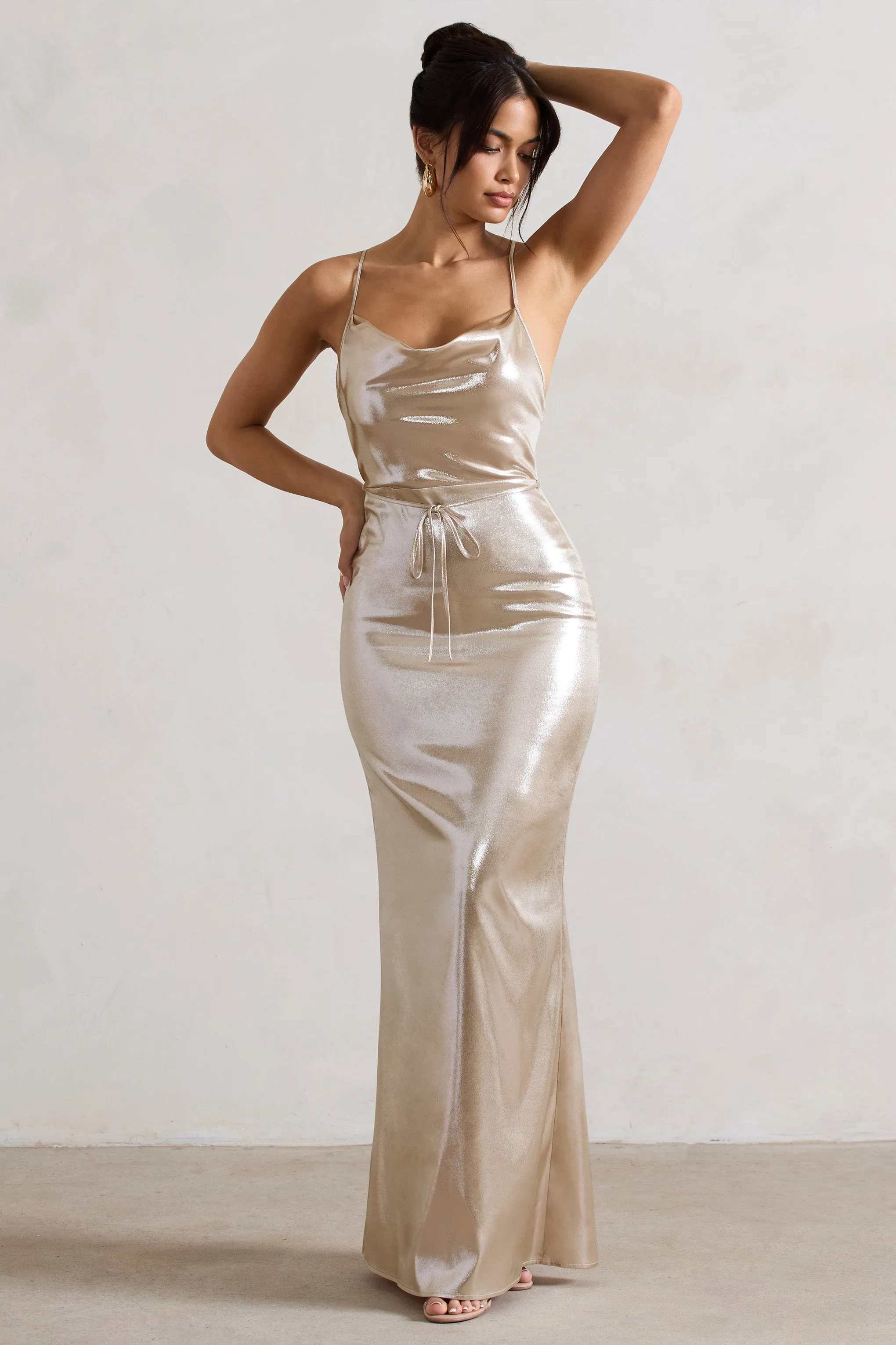 All In Time | Champagne Metallic Cowl-Neck Maxi Dress With Cross Back Detail Club L London