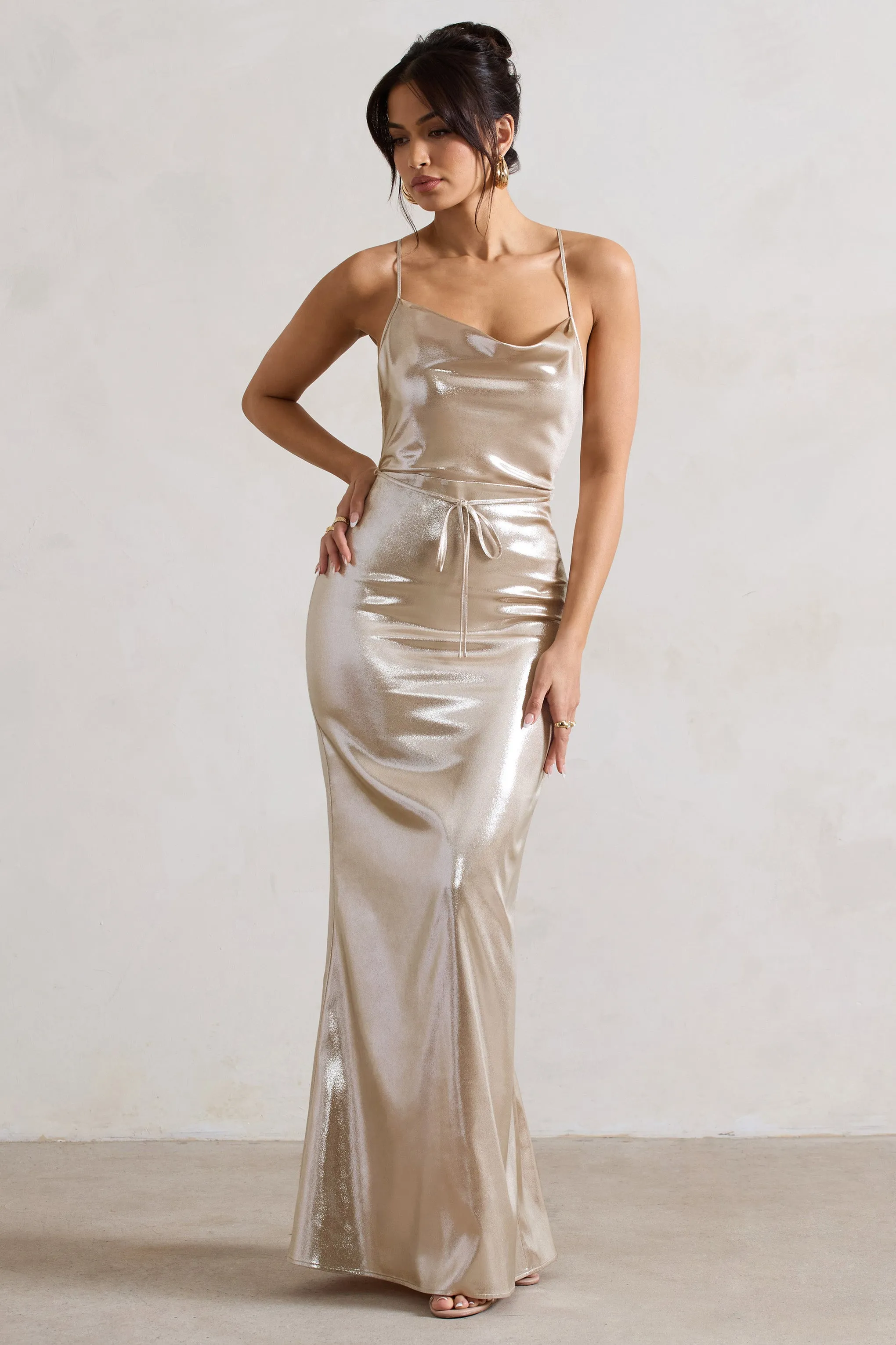 All In Time | Champagne Metallic Cowl-Neck Maxi Dress With Cross Back Detail Club L London