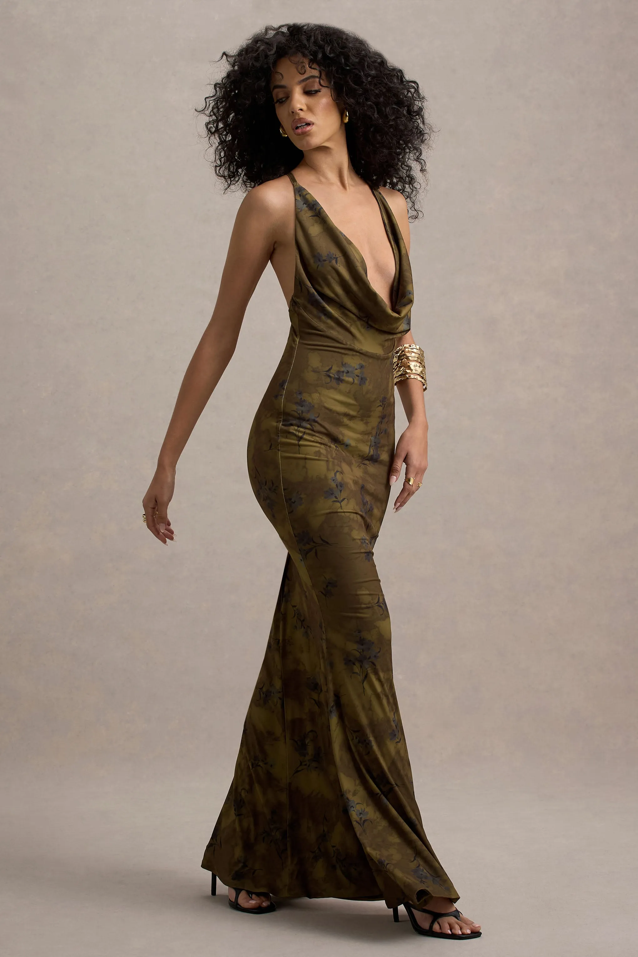 Allana | Khaki Floral Print Cowl-Neck Open-Back Maxi Dress Club L London