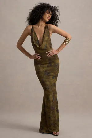 Allana | Khaki Floral Print Cowl-Neck Open-Back Maxi Dress Club L London