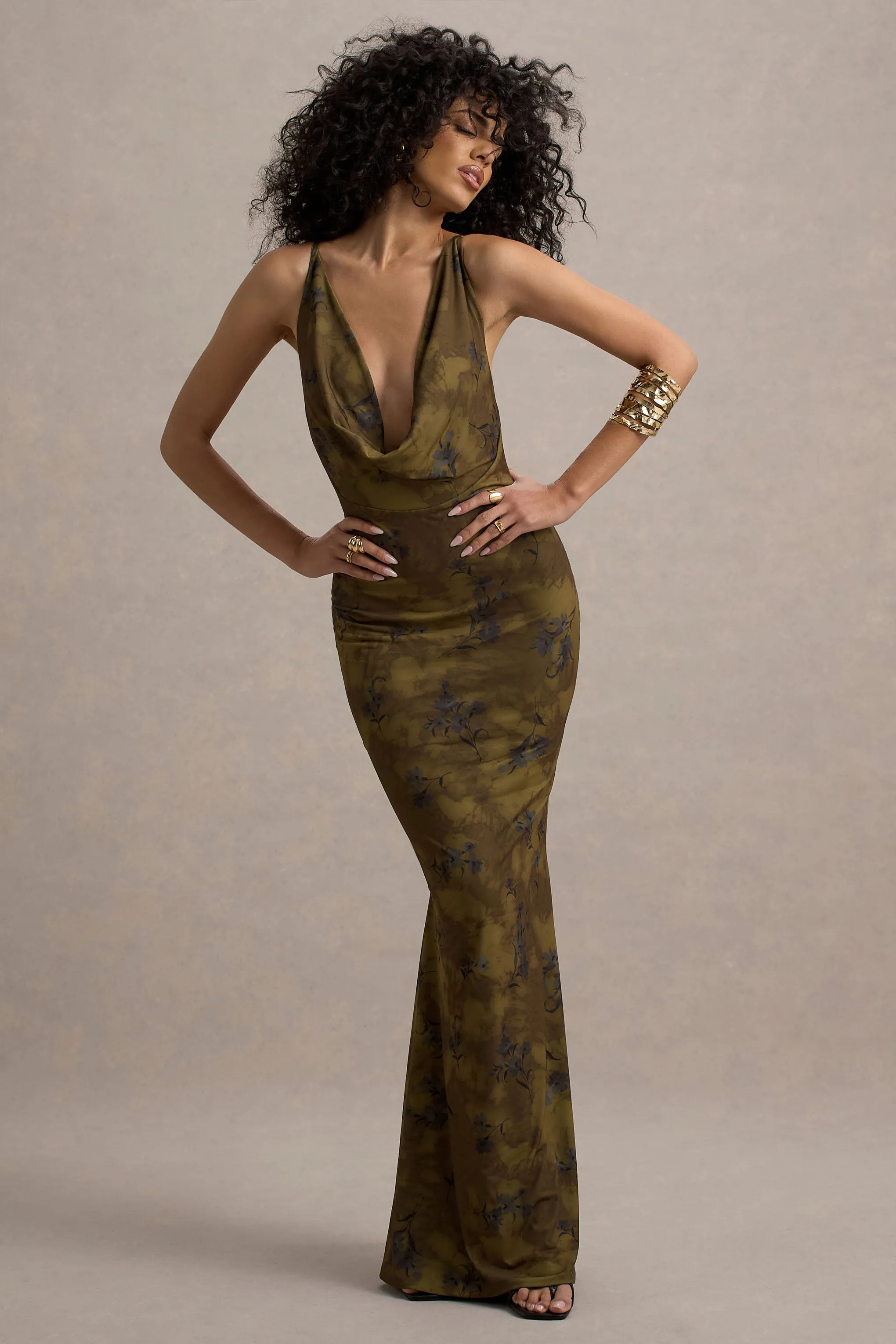 Allana | Khaki Floral Print Cowl-Neck Open-Back Maxi Dress Club L London