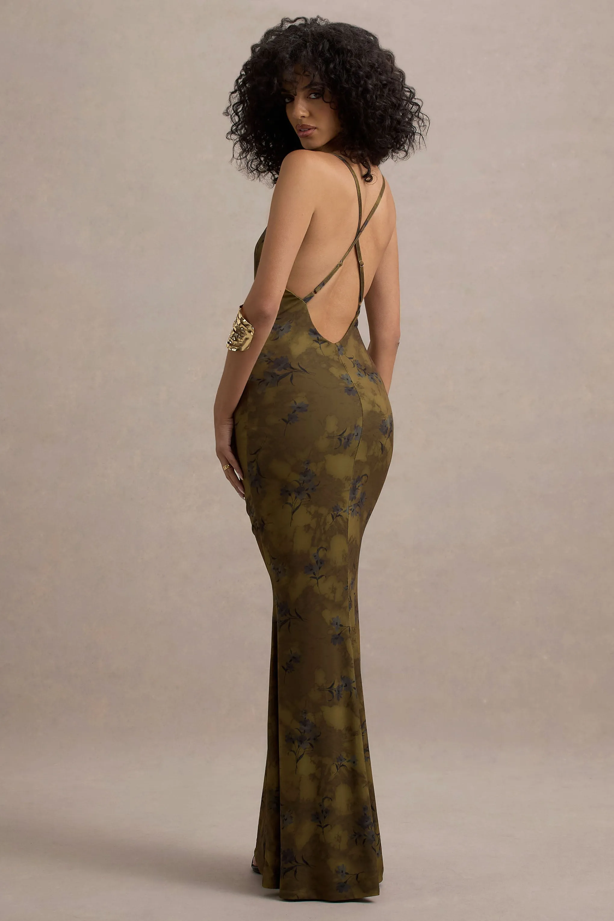 Allana | Khaki Floral Print Cowl-Neck Open-Back Maxi Dress Club L London