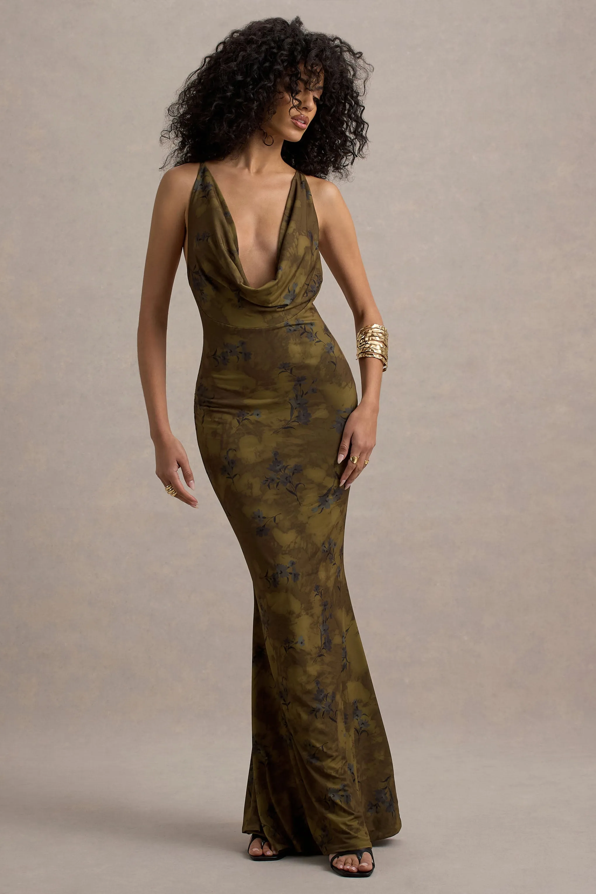 Allana | Khaki Floral Print Cowl-Neck Open-Back Maxi Dress Club L London