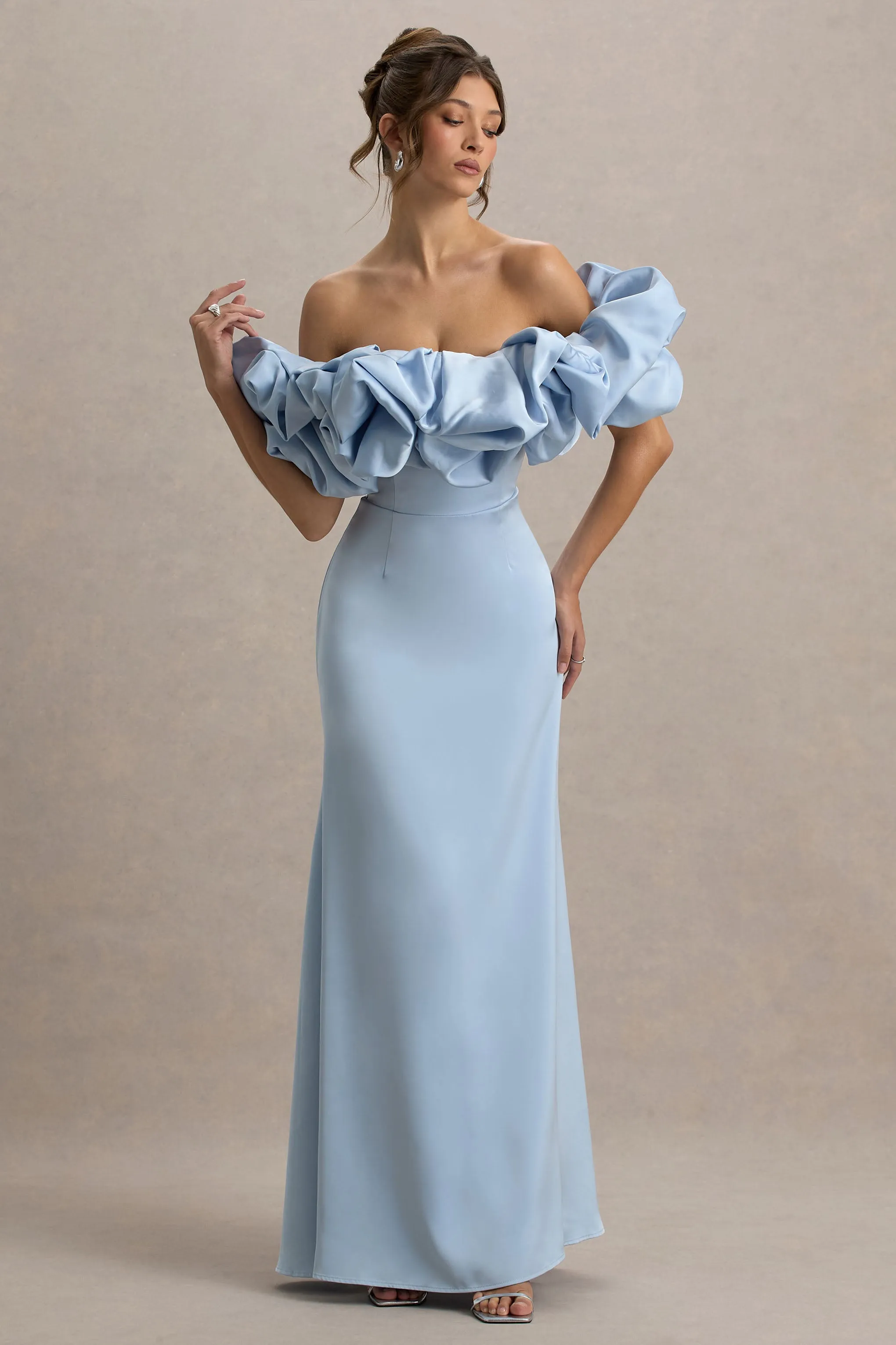 Allie | Powder Blue Puff Bardot Maxi Dress Club L London