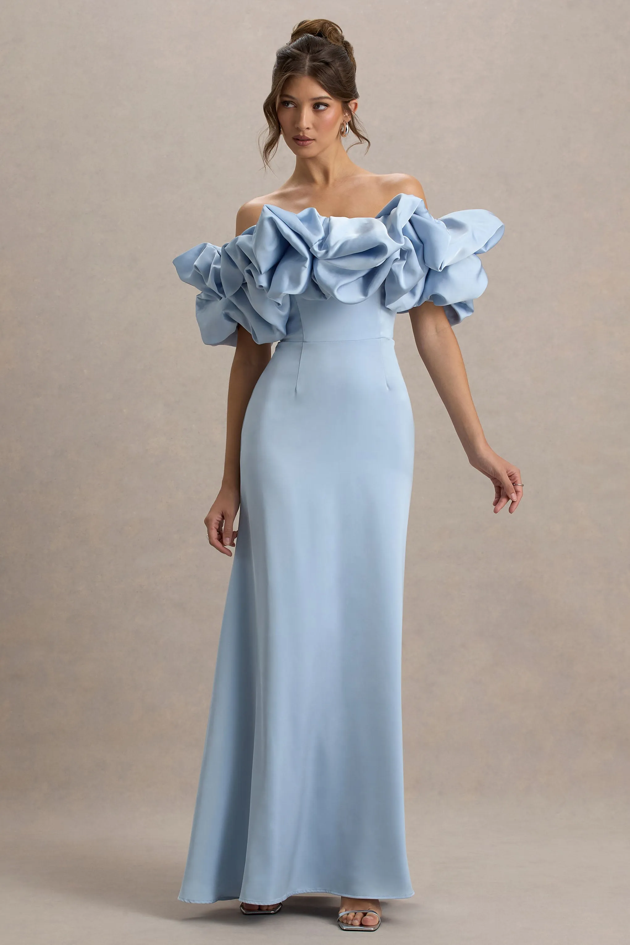 Allie | Powder Blue Puff Bardot Maxi Dress Club L London