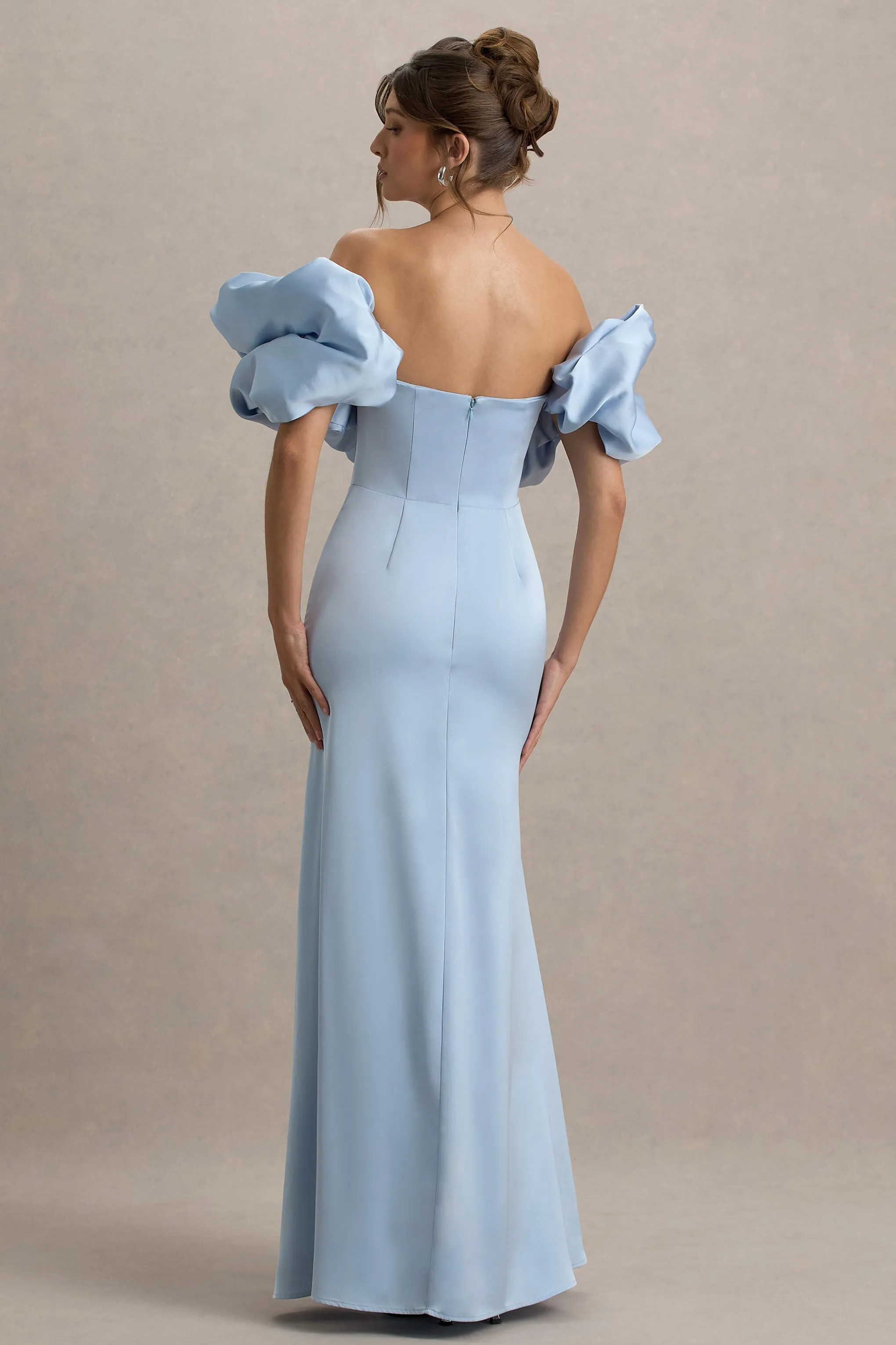 Allie | Powder Blue Puff Bardot Maxi Dress Club L London