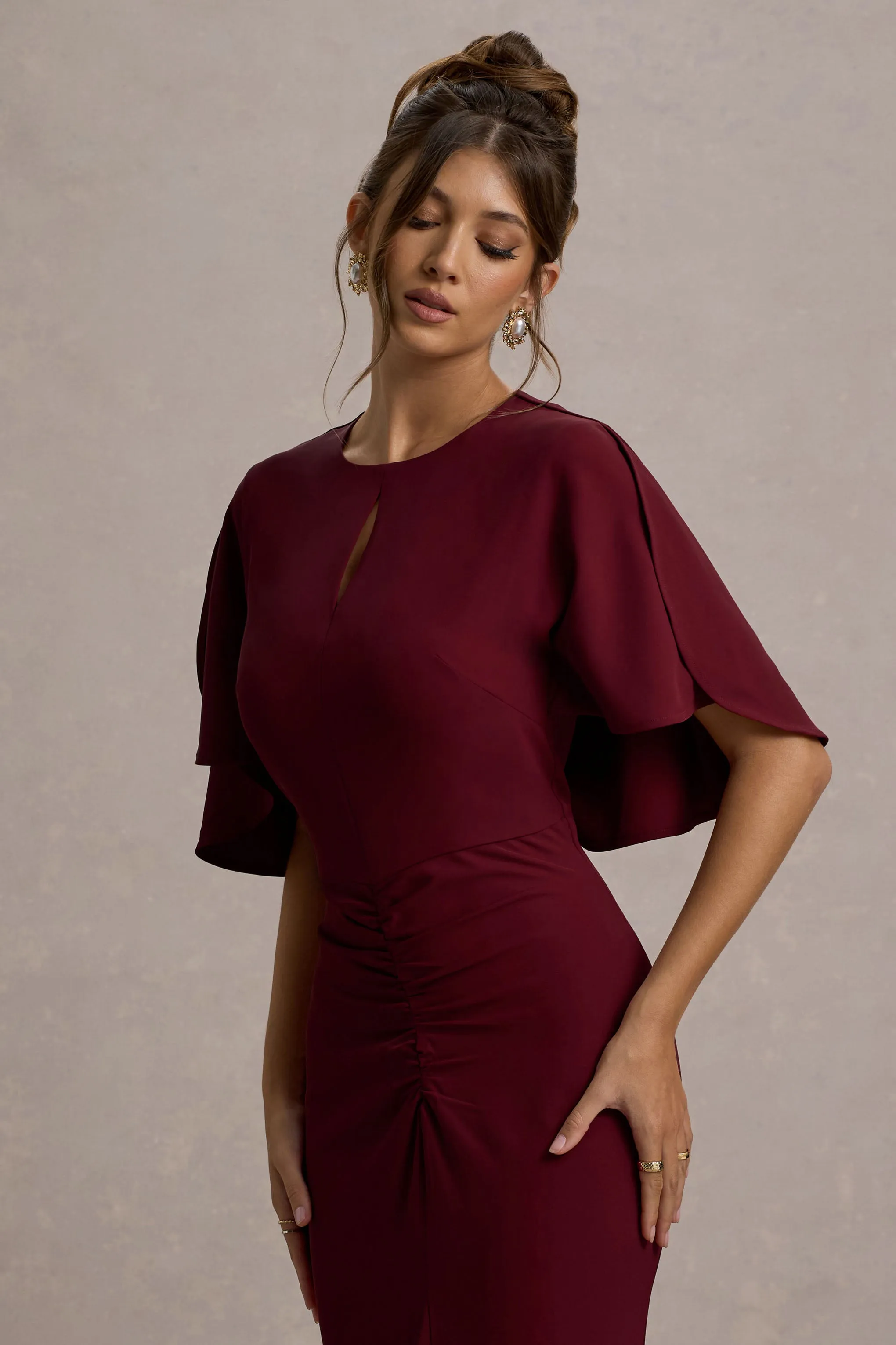 Allison | Berry High-Neck Maxi Dress With Cape Club L London
