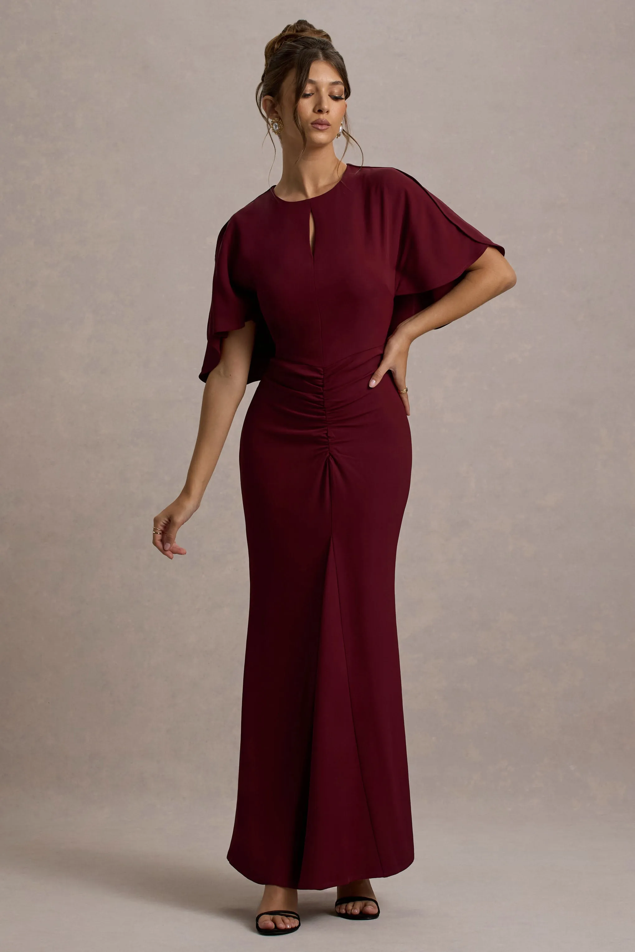 Allison | Berry High-Neck Maxi Dress With Cape Club L London