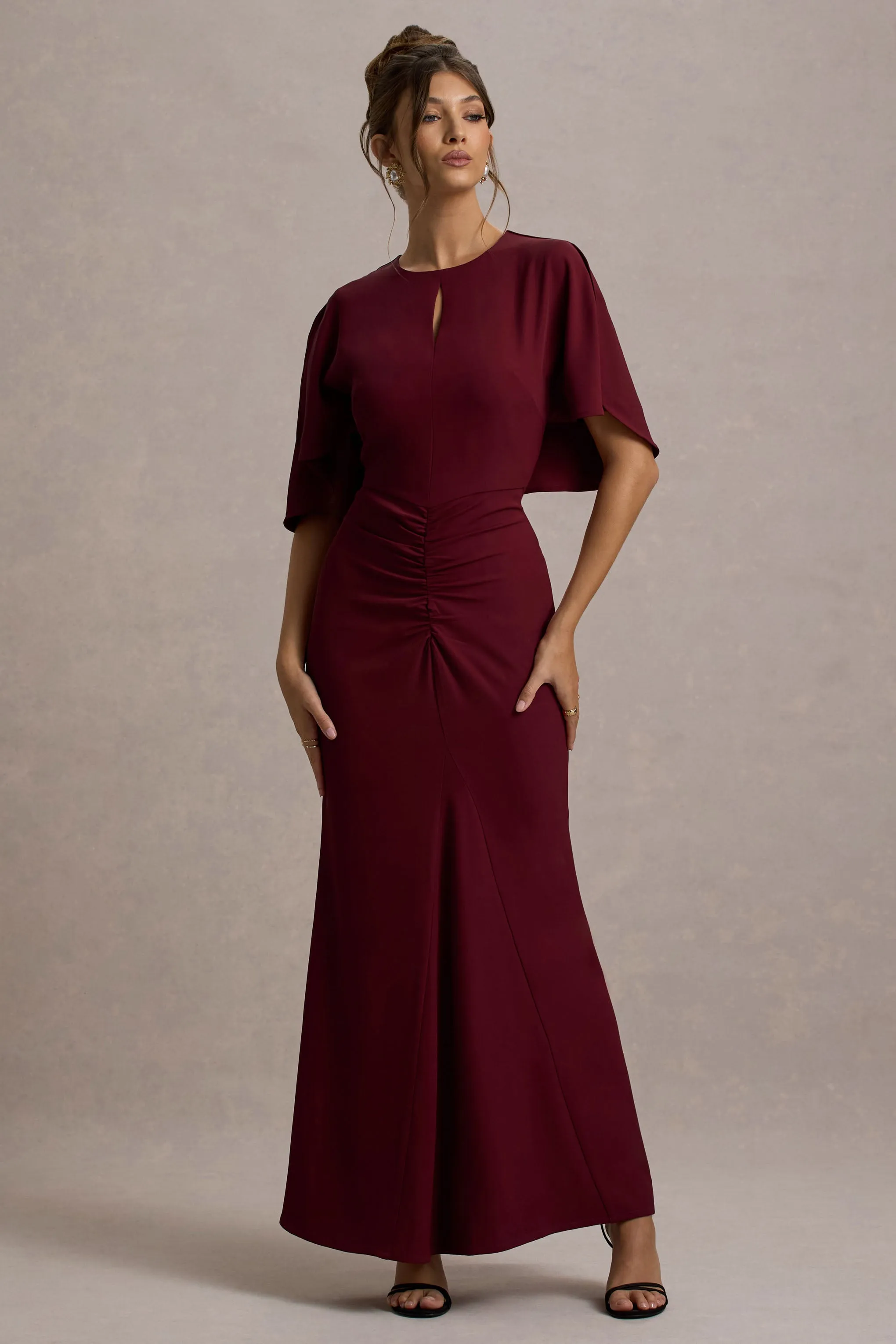 Allison | Berry High-Neck Maxi Dress With Cape Club L London