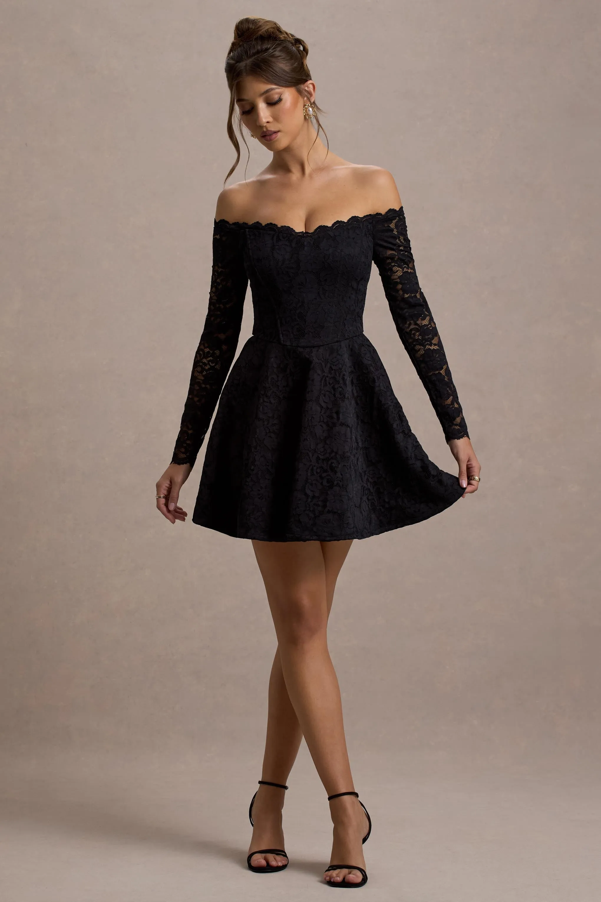Alliste | Black Lace Bardot Mini Dress Club L London