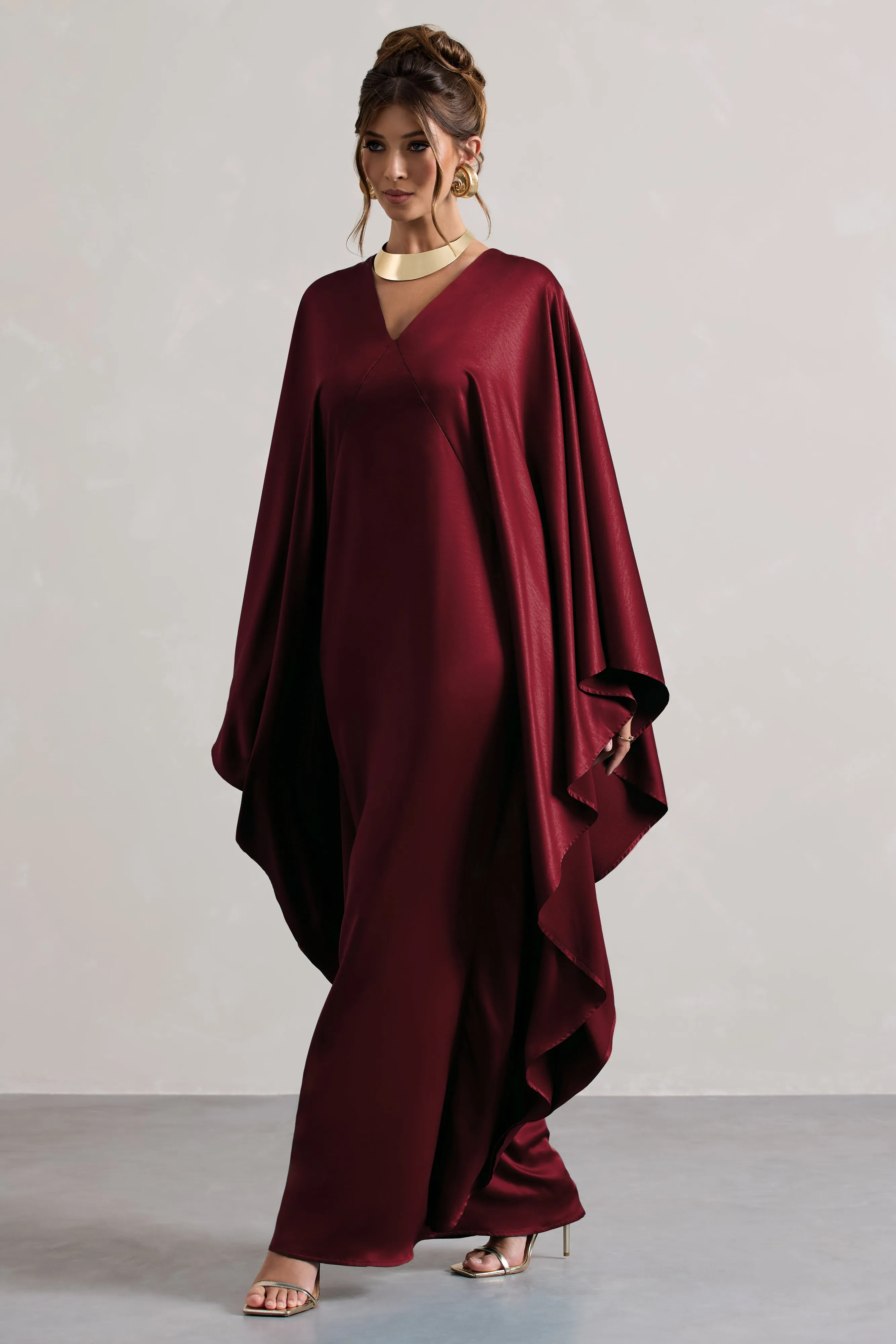 Alohi | Berry Satin Plunge Cape Maxi Dress Club L London