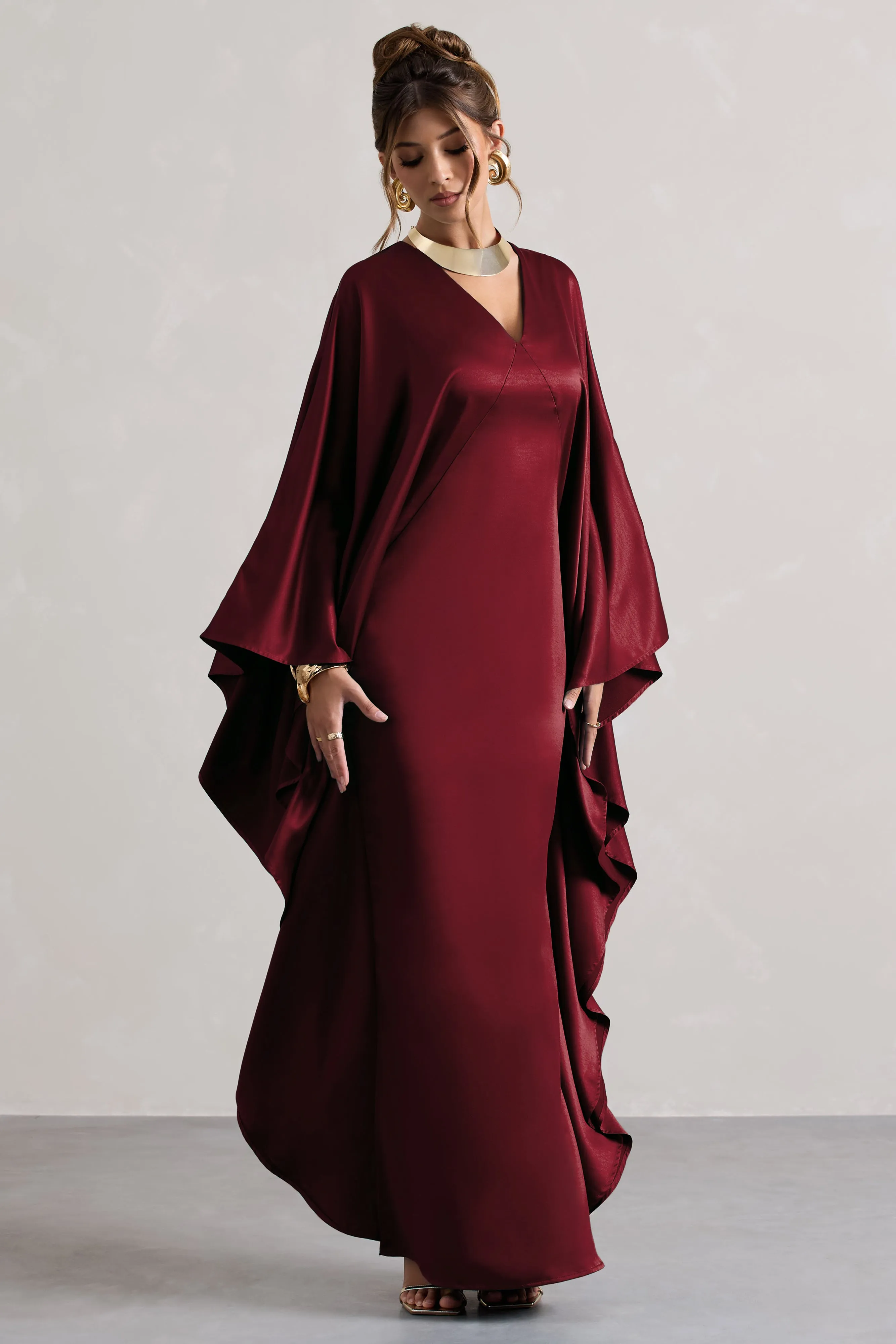 Alohi | Berry Satin Plunge Cape Maxi Dress Club L London