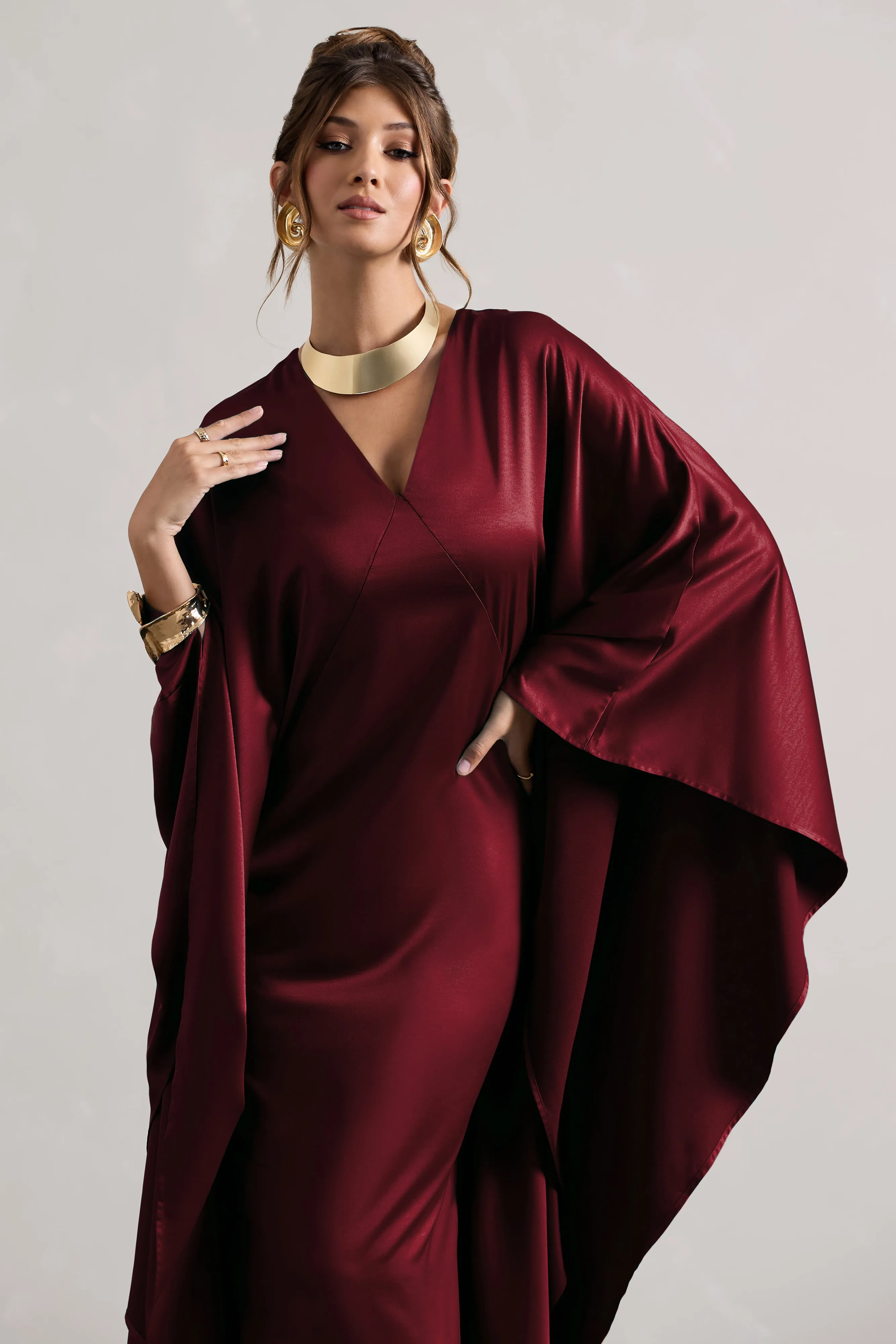 Alohi | Berry Satin Plunge Cape Maxi Dress Club L London