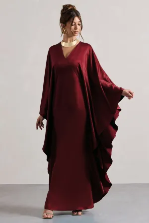 Alohi | Berry Satin Plunge Cape Maxi Dress Club L London