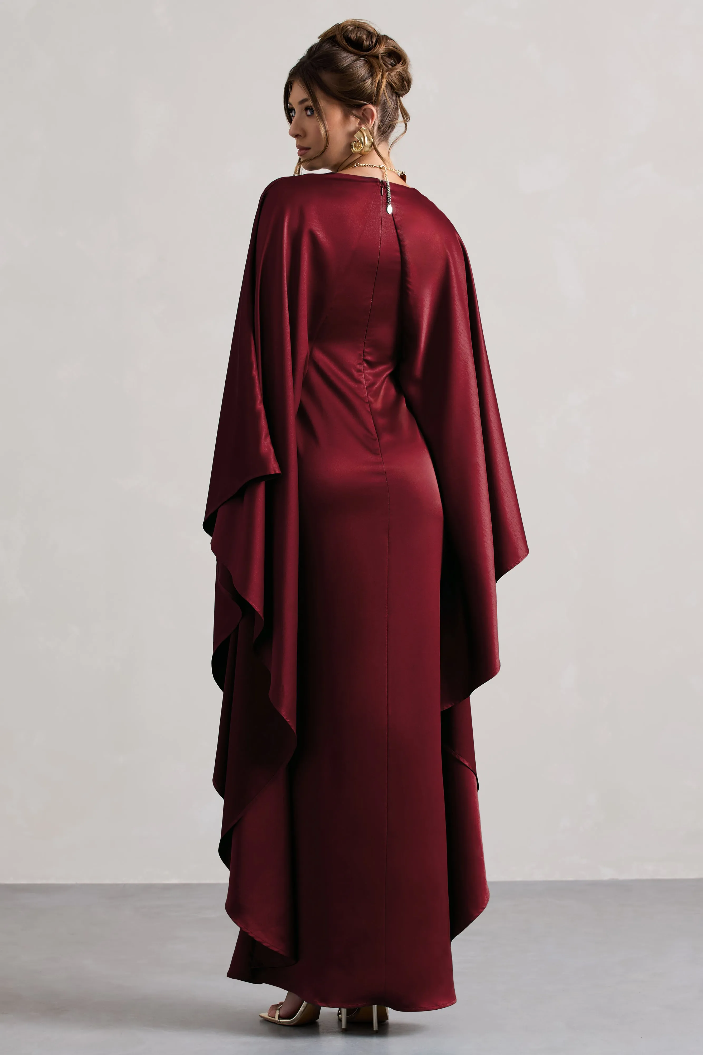 Alohi | Berry Satin Plunge Cape Maxi Dress Club L London