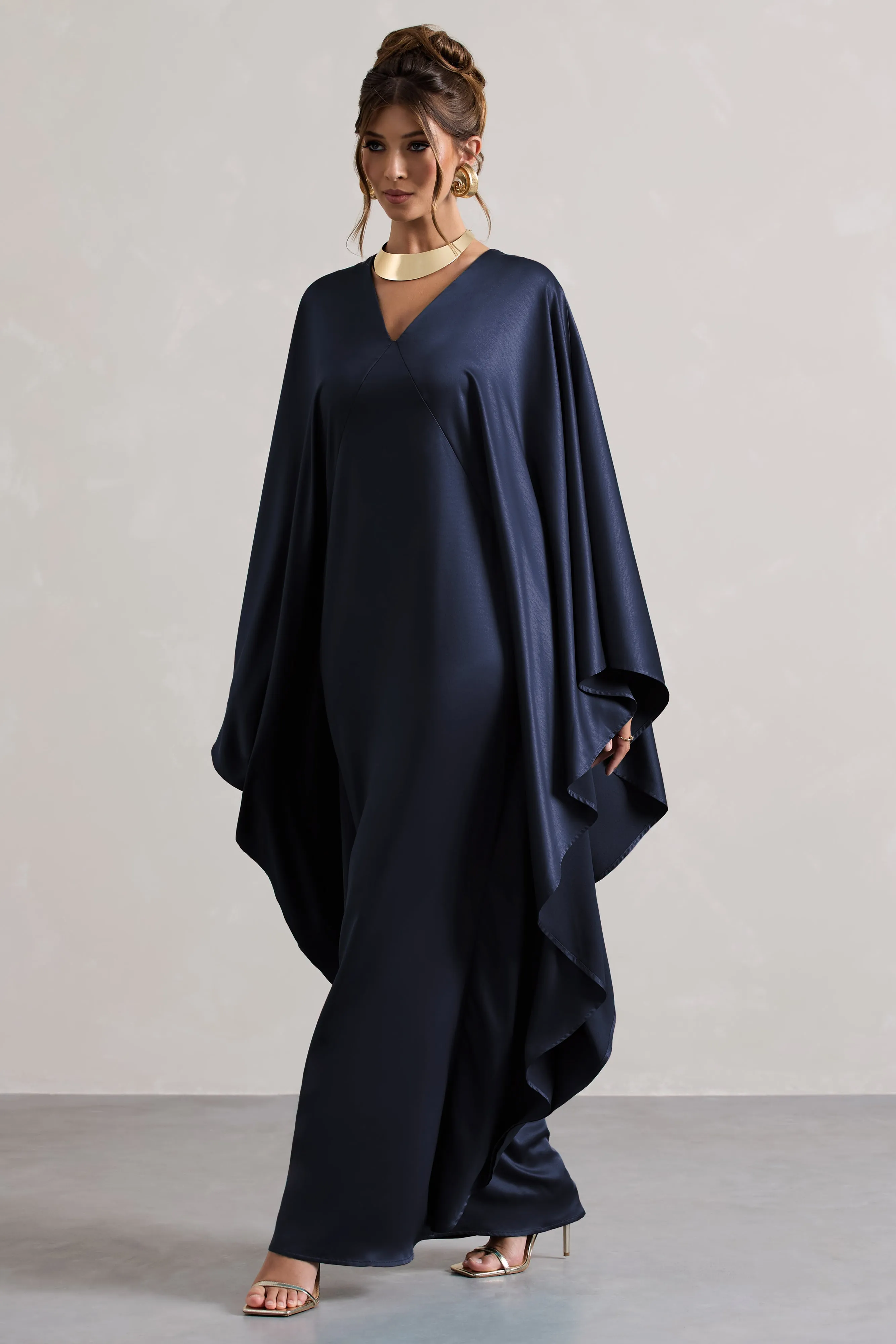 Alohi | Navy Satin Plunge Cape Maxi Dress Club L London