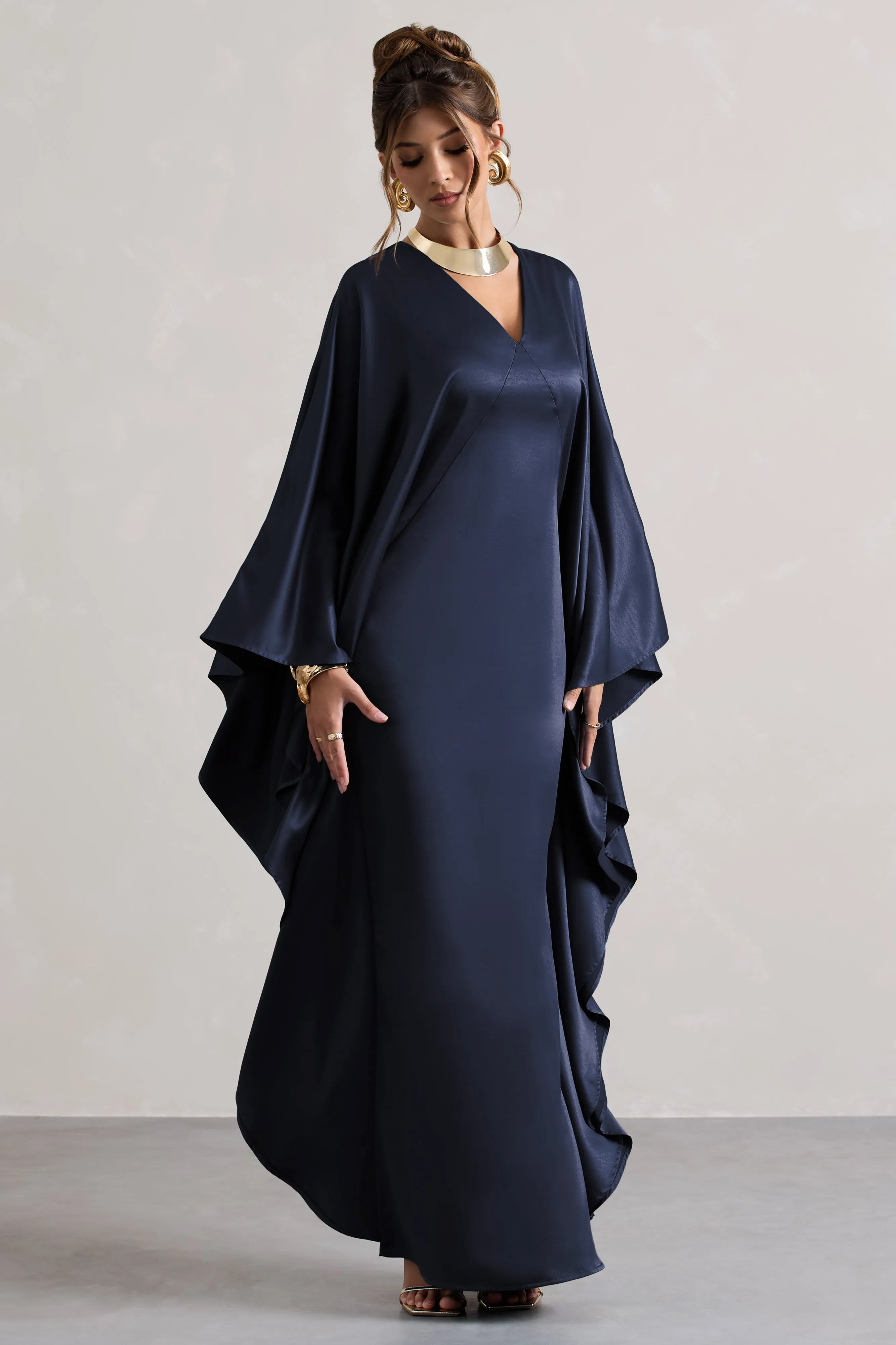 Alohi | Navy Satin Plunge Cape Maxi Dress Club L London