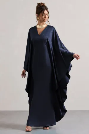 Alohi | Navy Satin Plunge Cape Maxi Dress Club L London