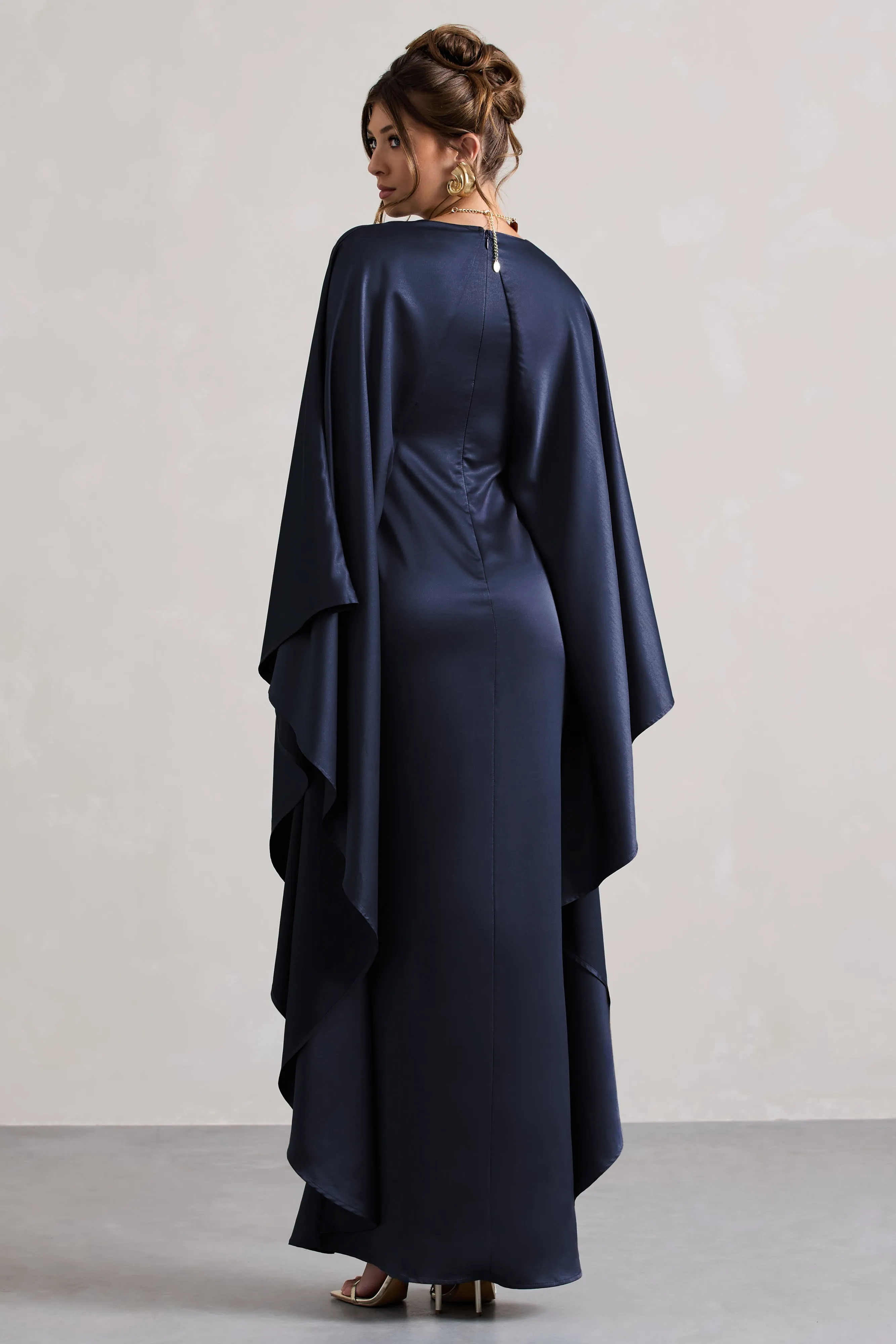 Alohi | Navy Satin Plunge Cape Maxi Dress Club L London