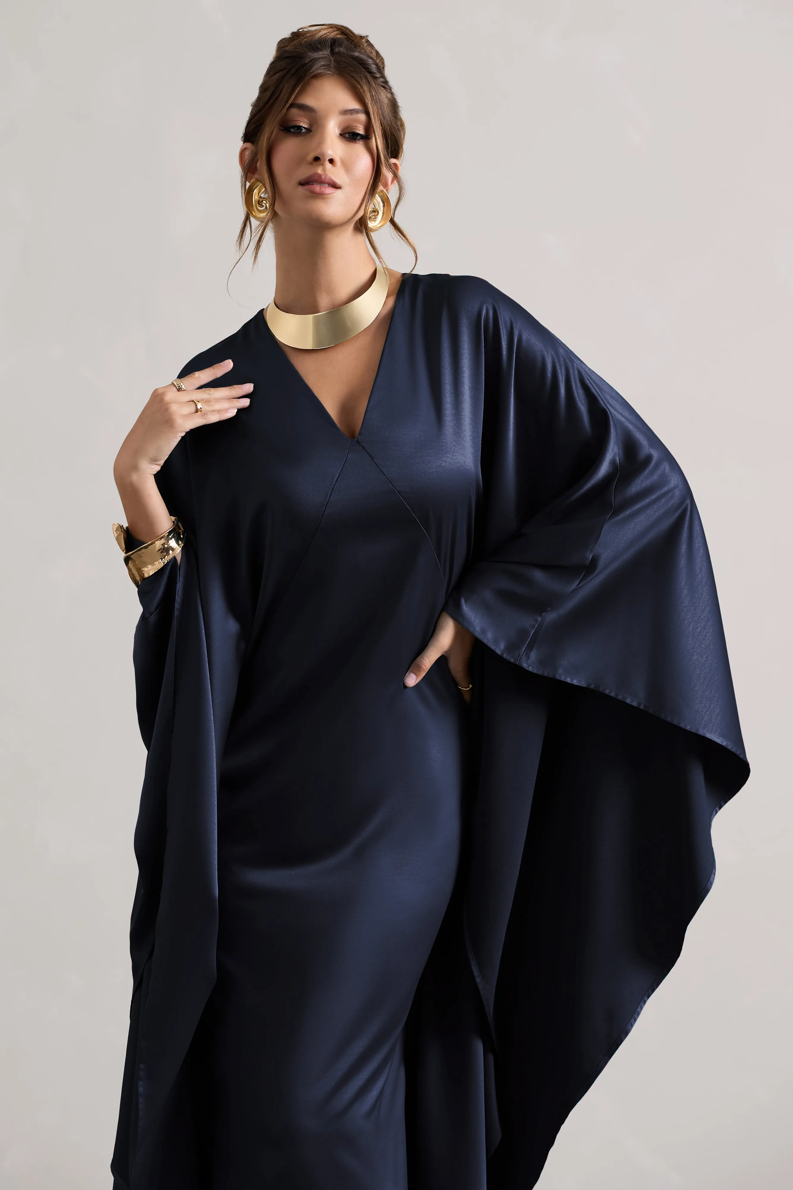 Alohi | Navy Satin Plunge Cape Maxi Dress Club L London