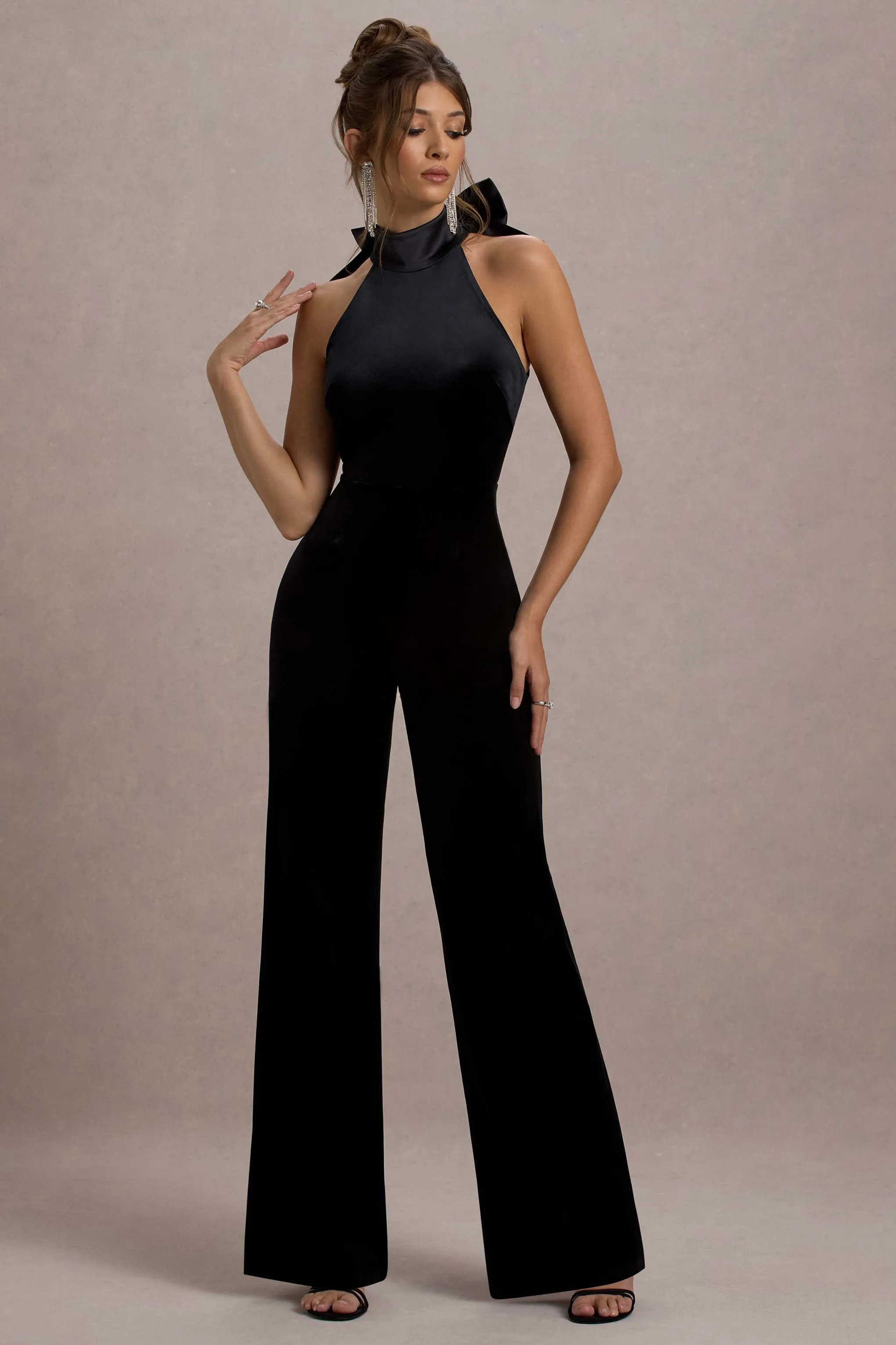 Alondra | Black Velvet High-Neck Straight-Leg Jumpsuit Club L London