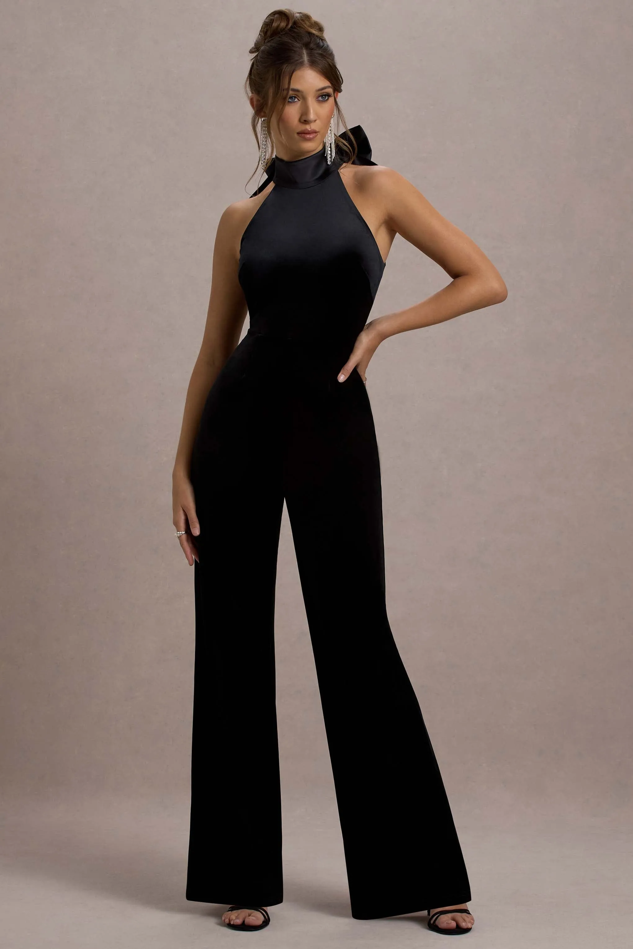 Alondra | Black Velvet High-Neck Straight-Leg Jumpsuit Club L London