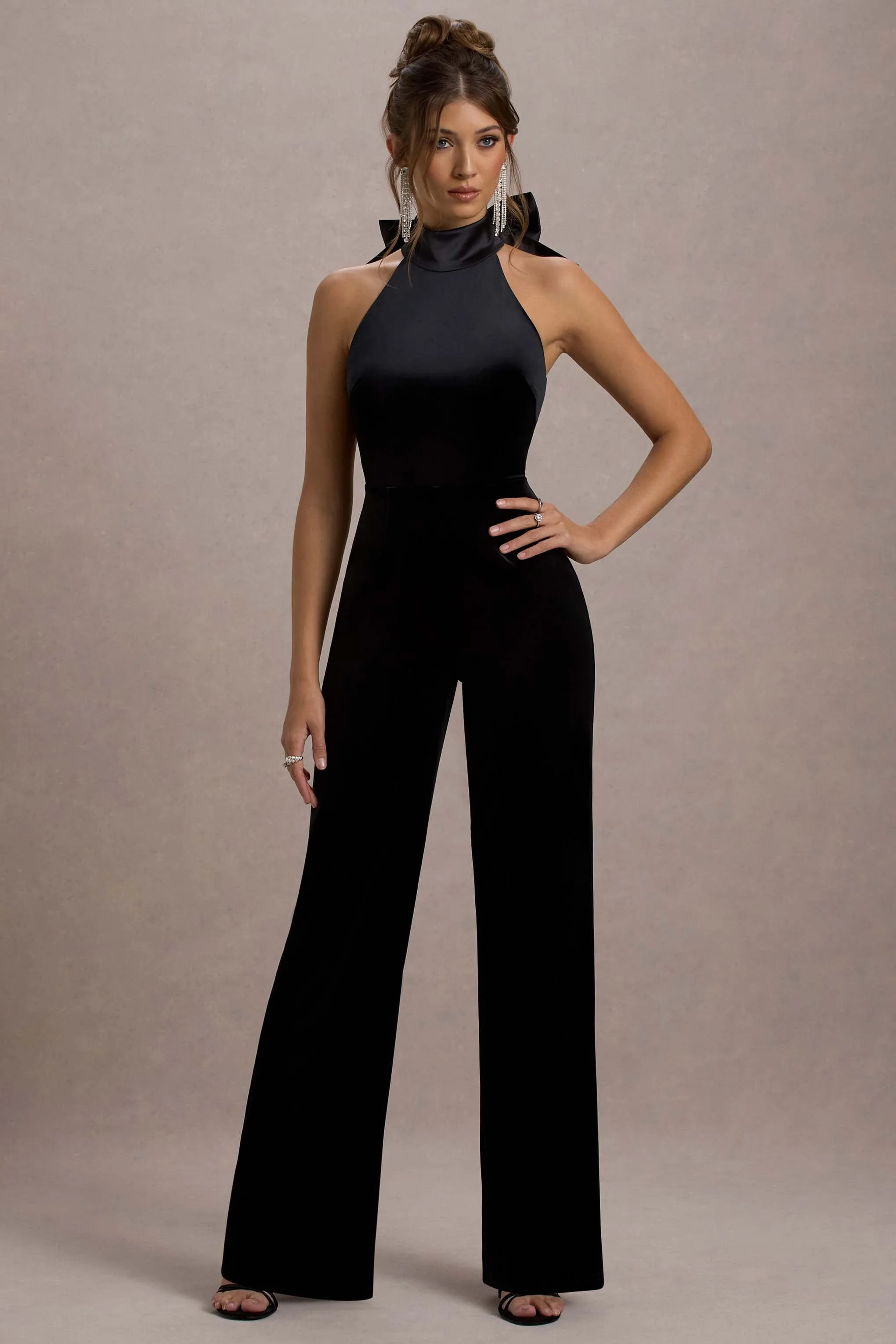 Alondra | Black Velvet High-Neck Straight-Leg Jumpsuit Club L London