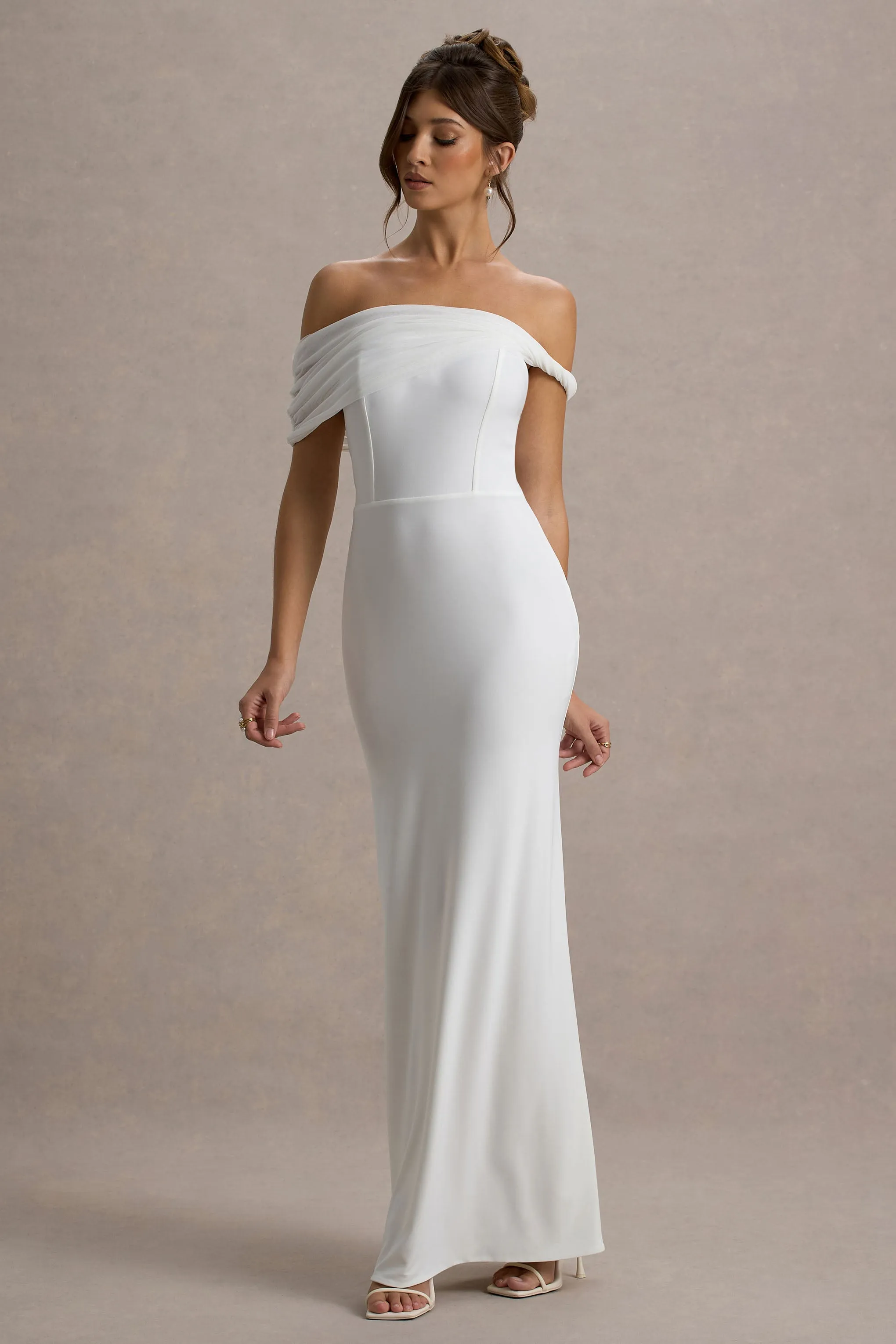 Alonza | White Twisted Bardot Maxi Dress Club L London