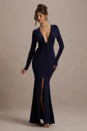 Aluna | Navy Plunge-Neck Twisted Split Maxi Dress Club L London