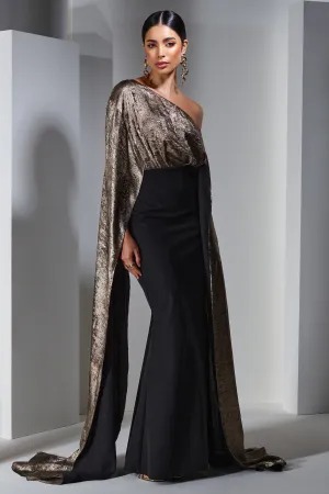 Alura | Black & Gold Metallic One Shoulder Cape Maxi Dress Club L London