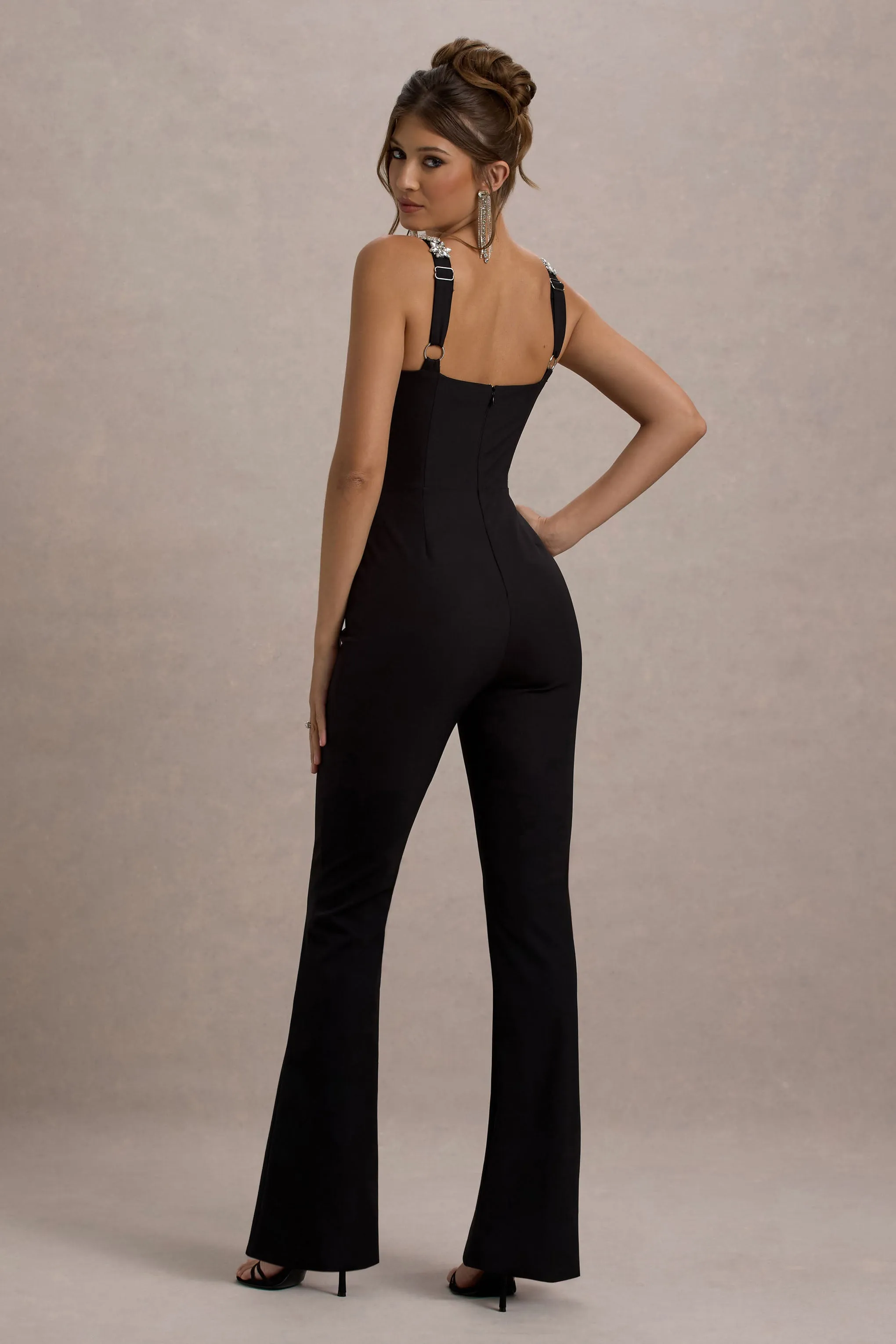 Amadi | Black Embellished Strappy Flared-Leg Jumpsuit Club L London