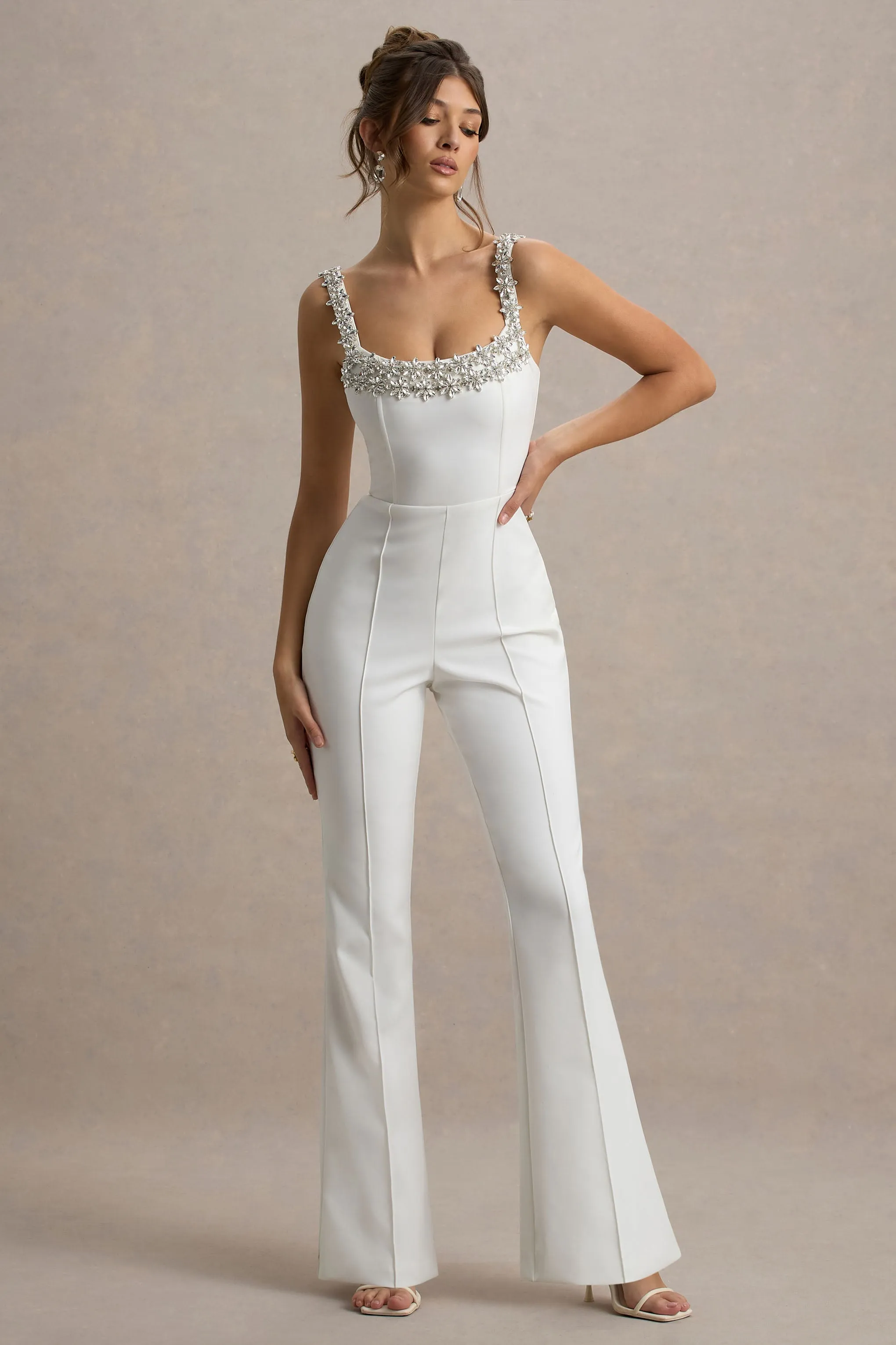 Amadi | White Embellished Strappy Flared-Leg Jumpsuit Club L London