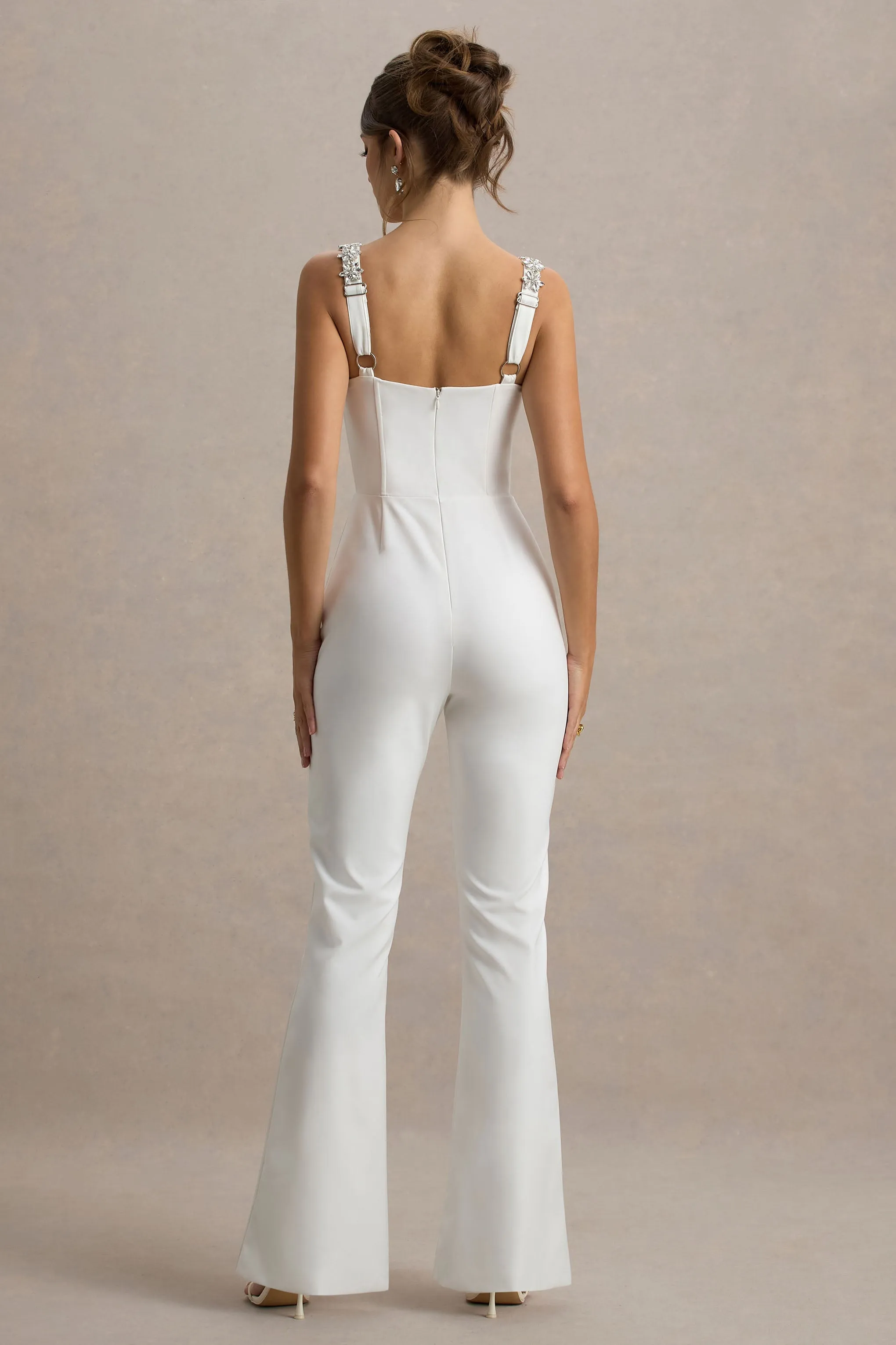 Amadi | White Embellished Strappy Flared-Leg Jumpsuit Club L London