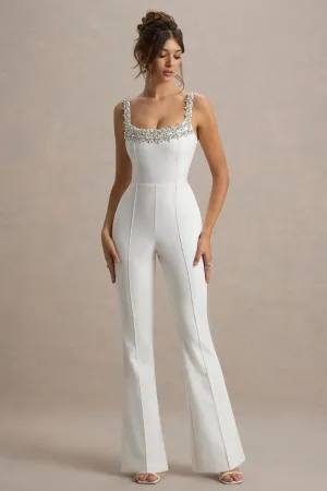 Amadi | White Embellished Strappy Flared-Leg Jumpsuit Club L London