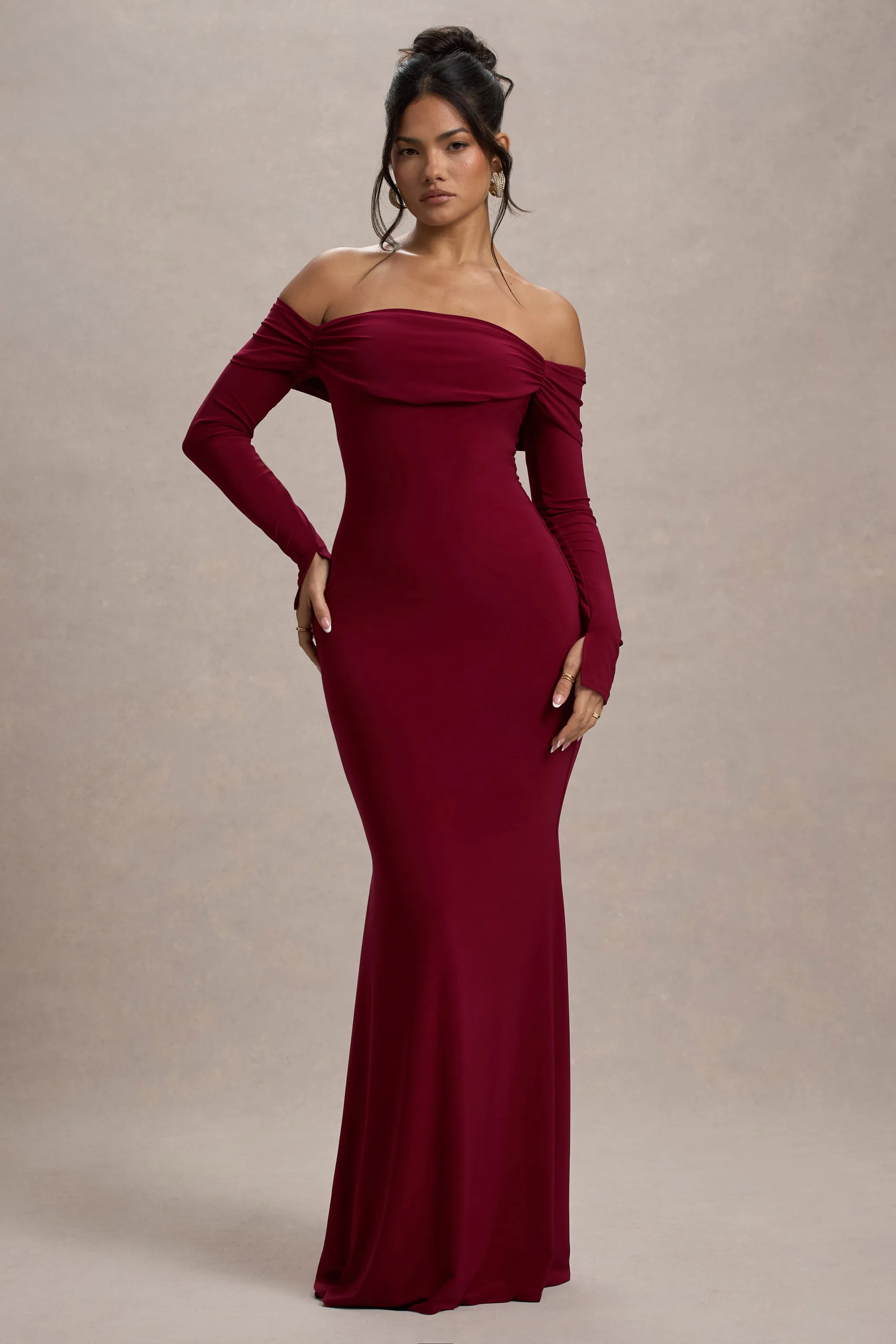 Amaia | Berry Bardot Long-Sleeve Maxi Dress Club L London