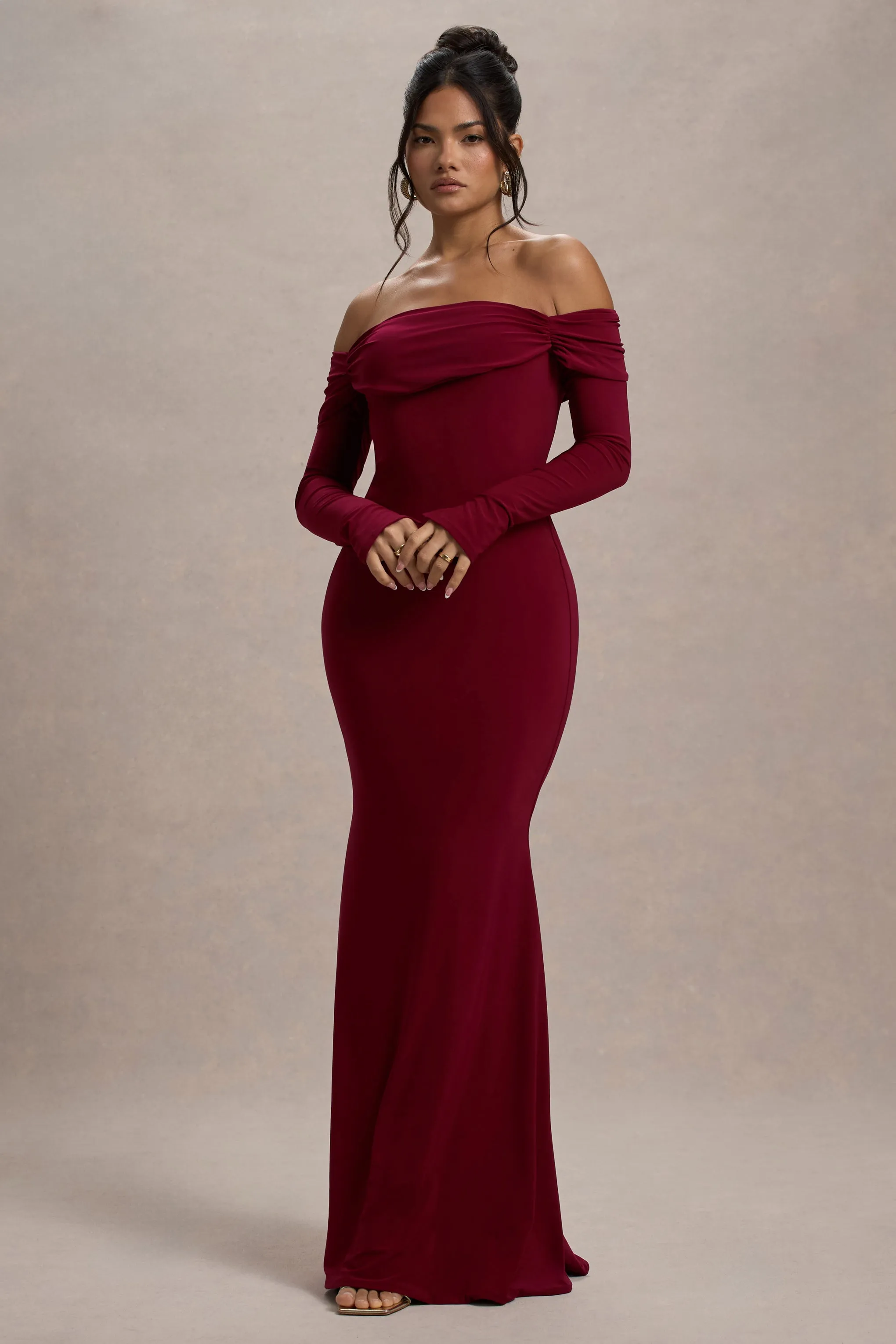 Amaia | Berry Bardot Long-Sleeve Maxi Dress Club L London