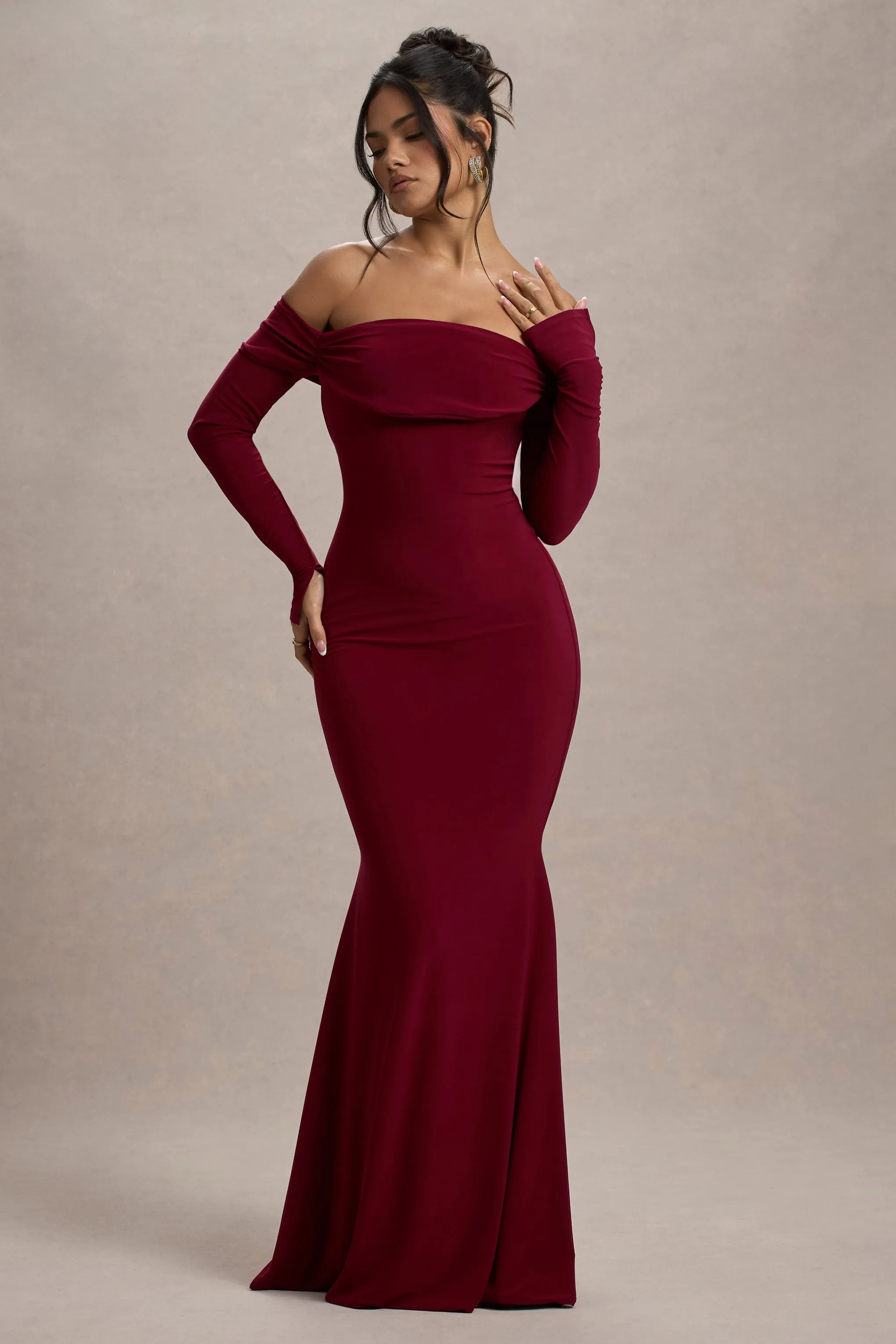 Amaia | Berry Bardot Long-Sleeve Maxi Dress Club L London