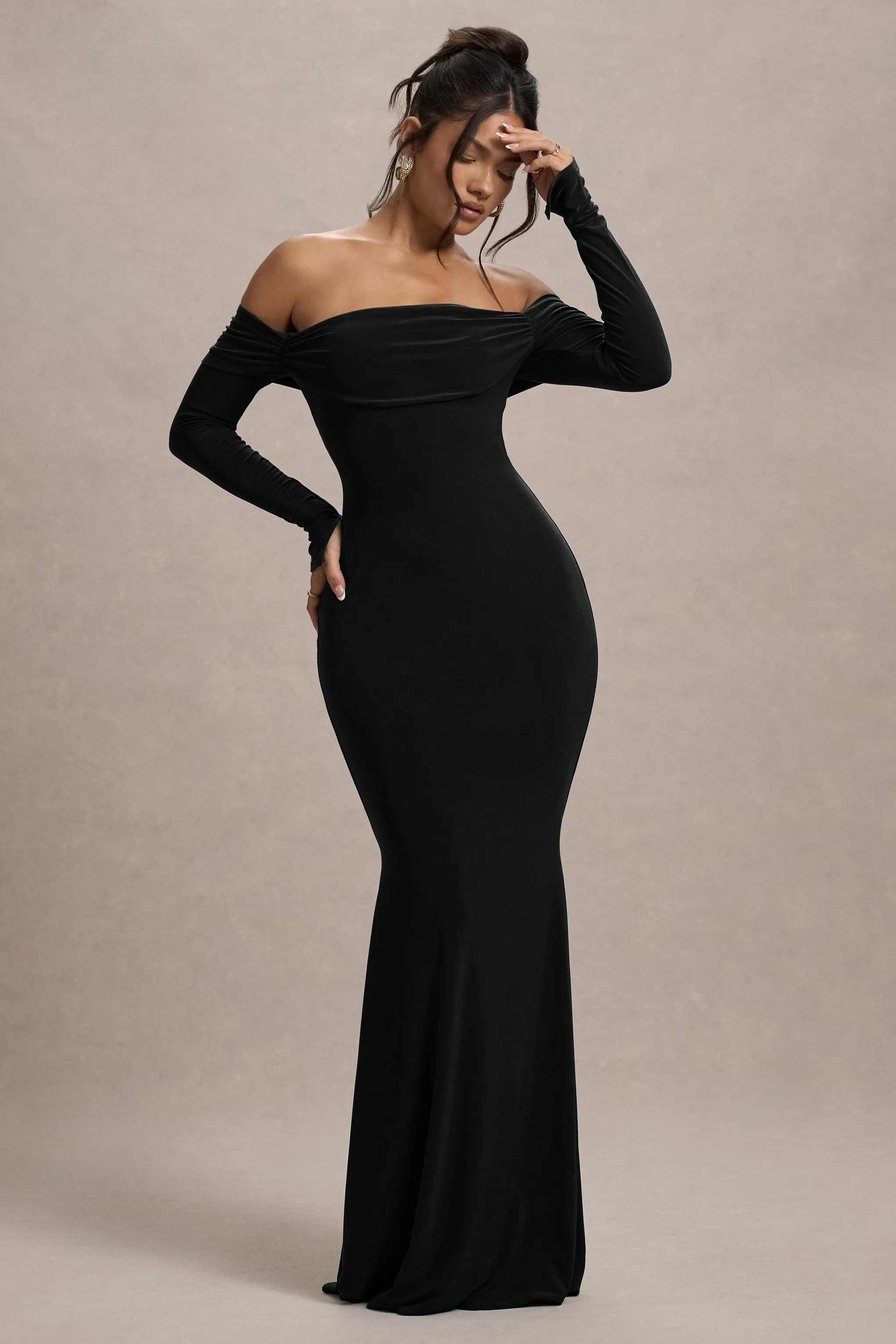 Amaia | Black Bardot Long-Sleeve Maxi Dress Club L London