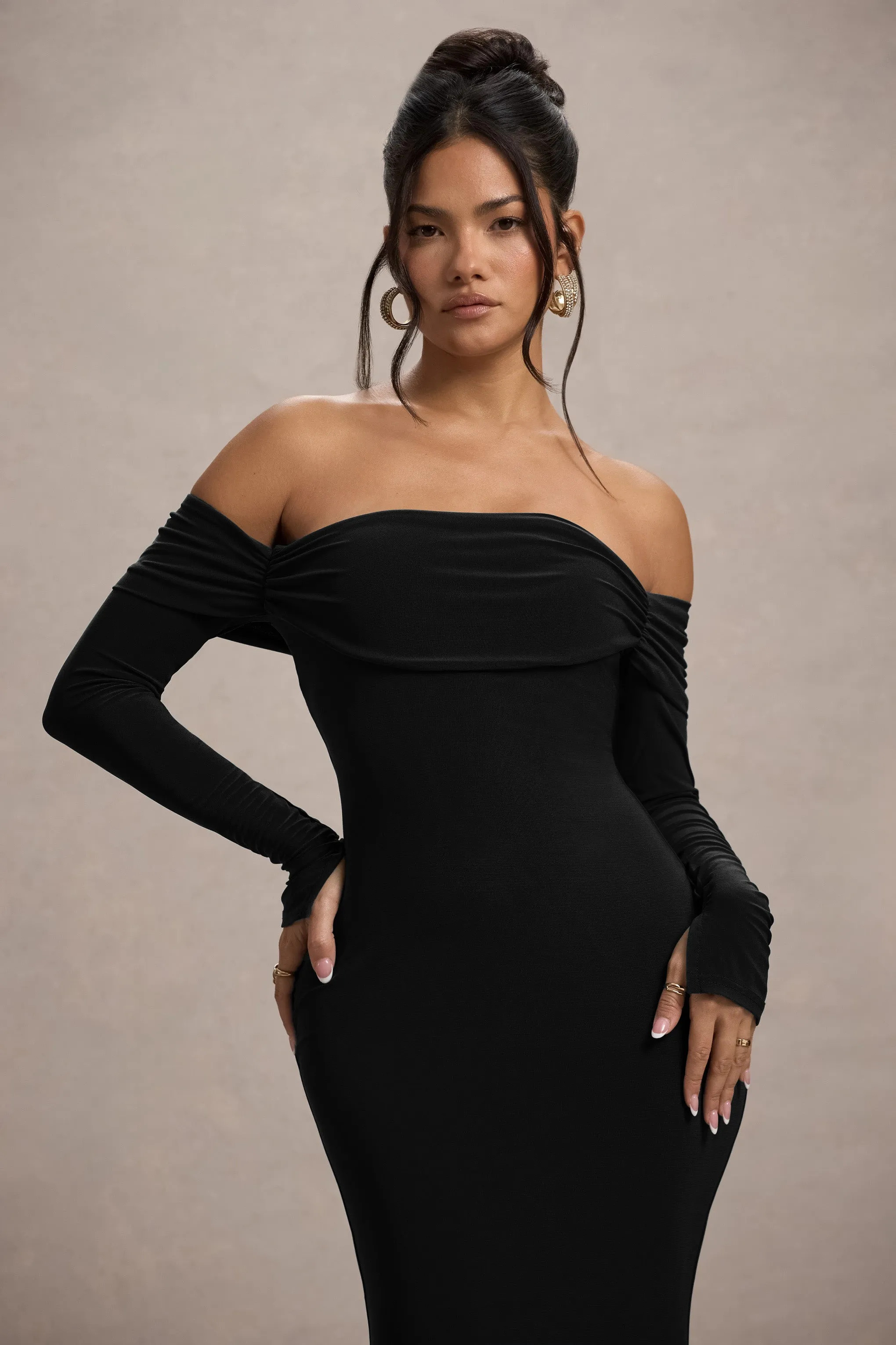 Amaia | Black Bardot Long-Sleeve Maxi Dress Club L London