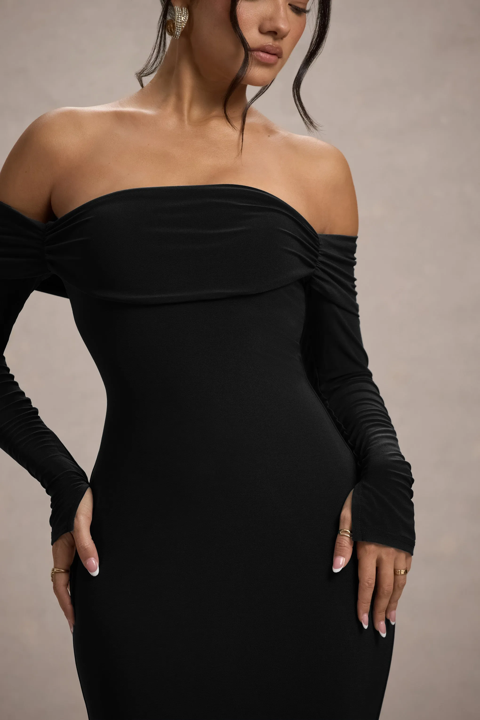 Amaia | Black Bardot Long-Sleeve Maxi Dress Club L London