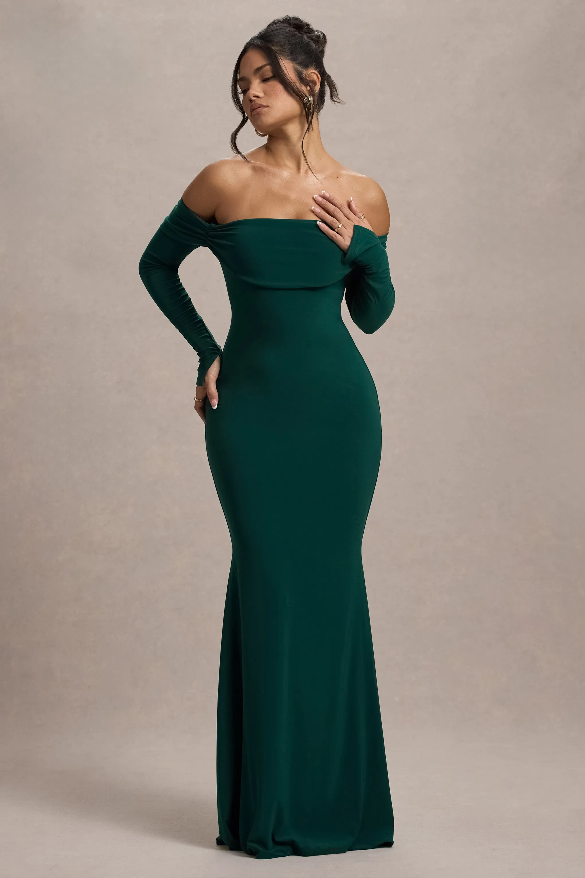 Amaia | Bottle Green Bardot Long-Sleeve Maxi Dress Club L London