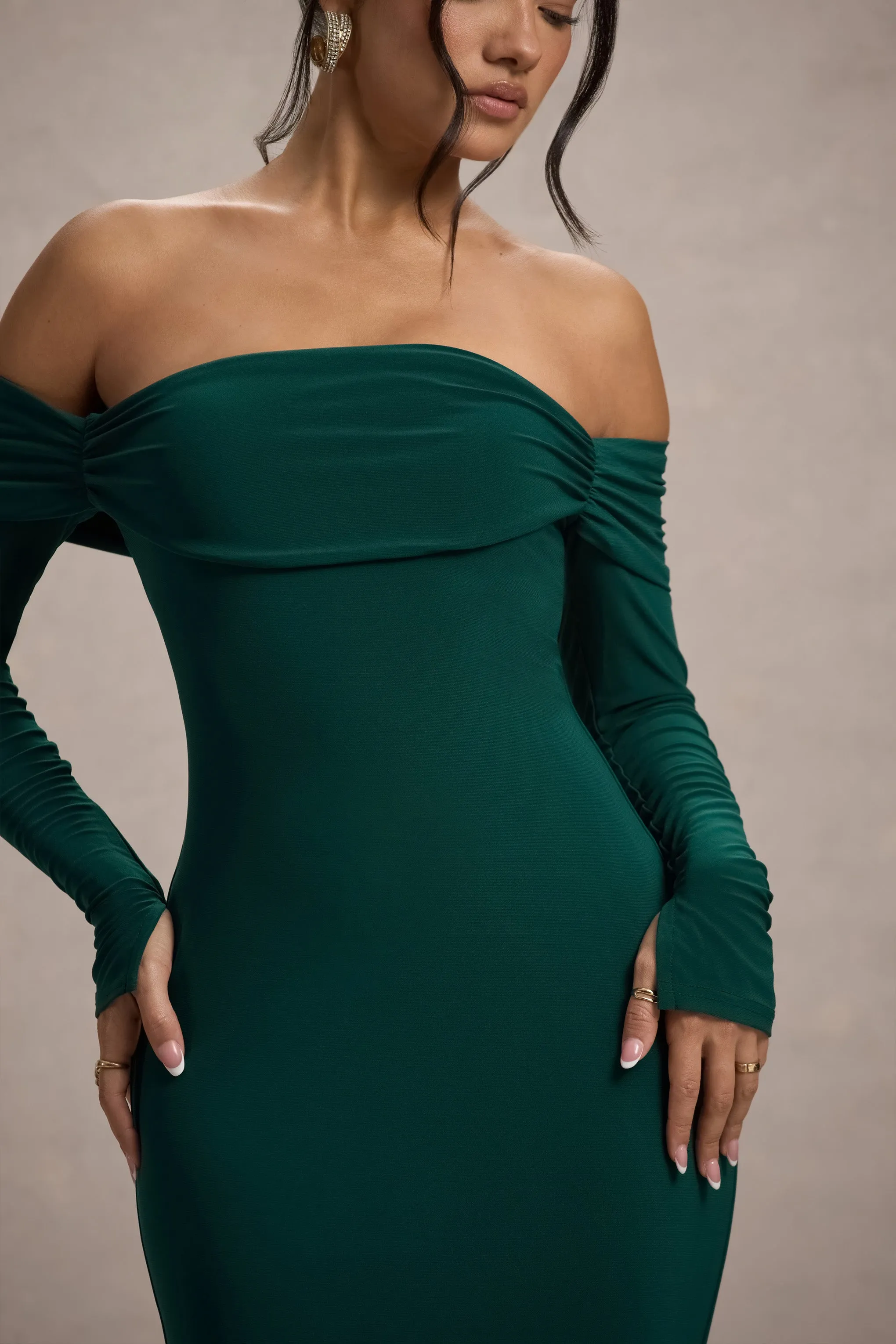 Amaia | Bottle Green Bardot Long-Sleeve Maxi Dress Club L London