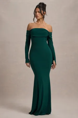 Amaia | Bottle Green Bardot Long-Sleeve Maxi Dress Club L London