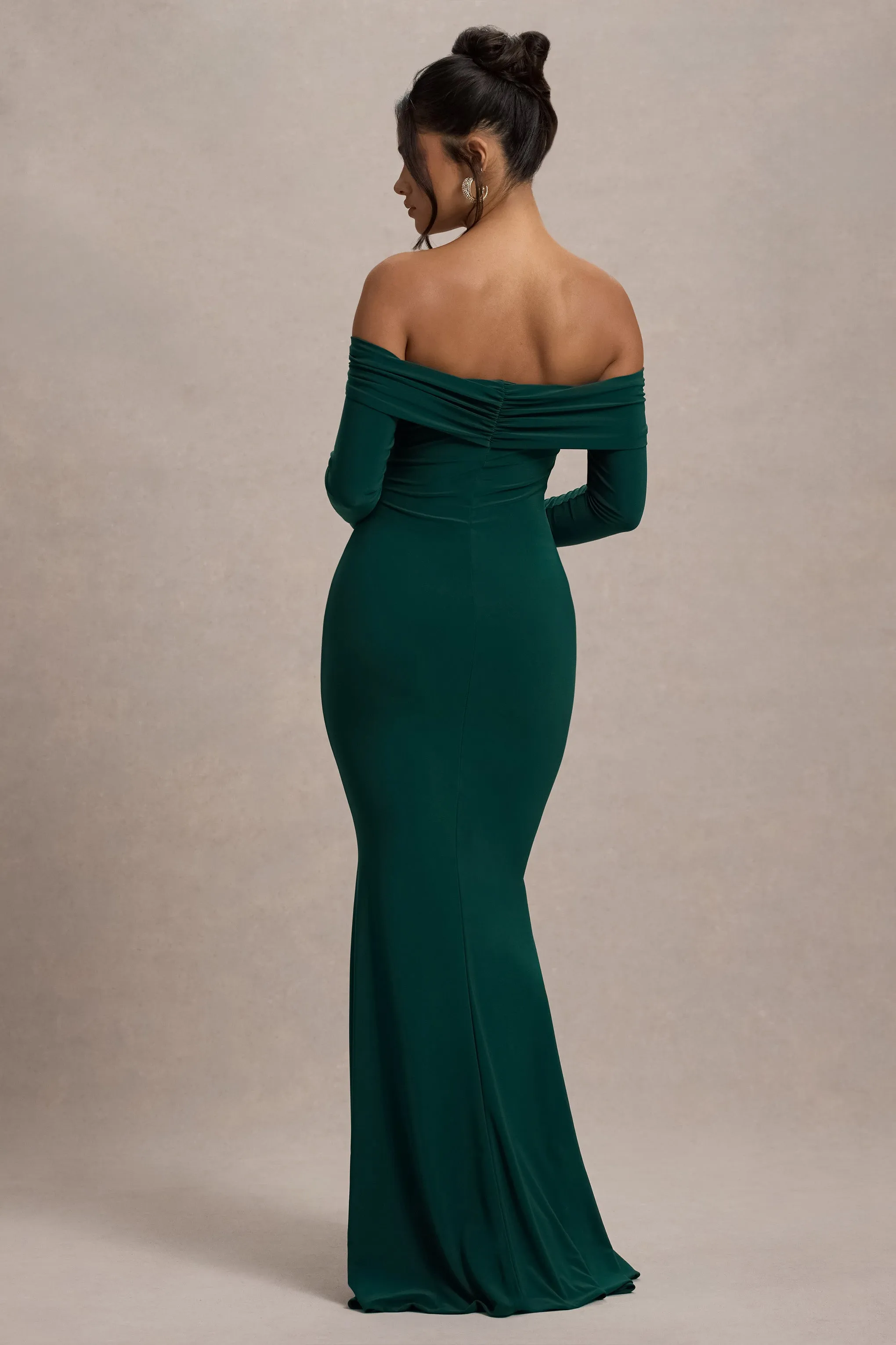 Amaia | Bottle Green Bardot Long-Sleeve Maxi Dress Club L London
