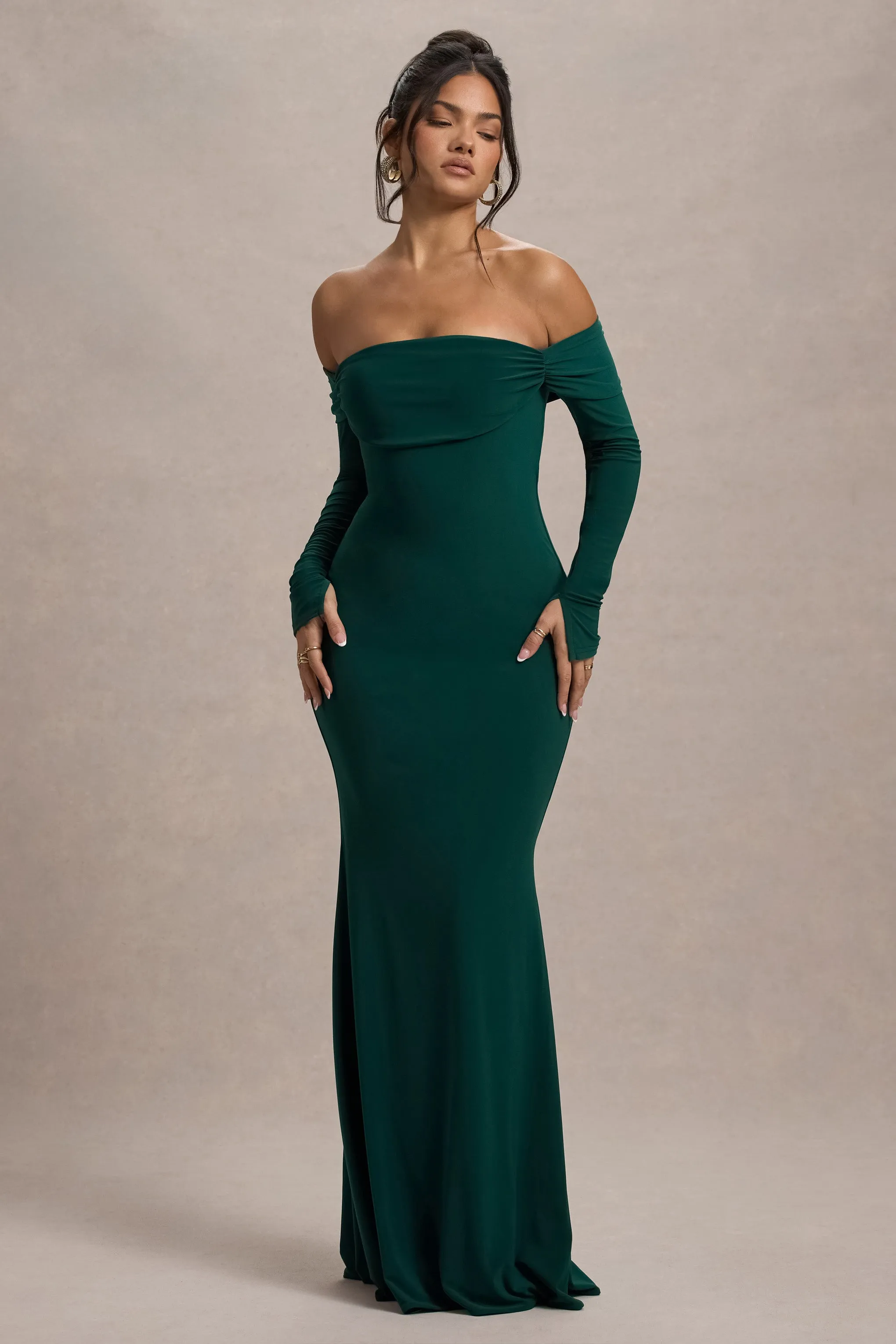 Amaia | Bottle Green Bardot Long-Sleeve Maxi Dress Club L London