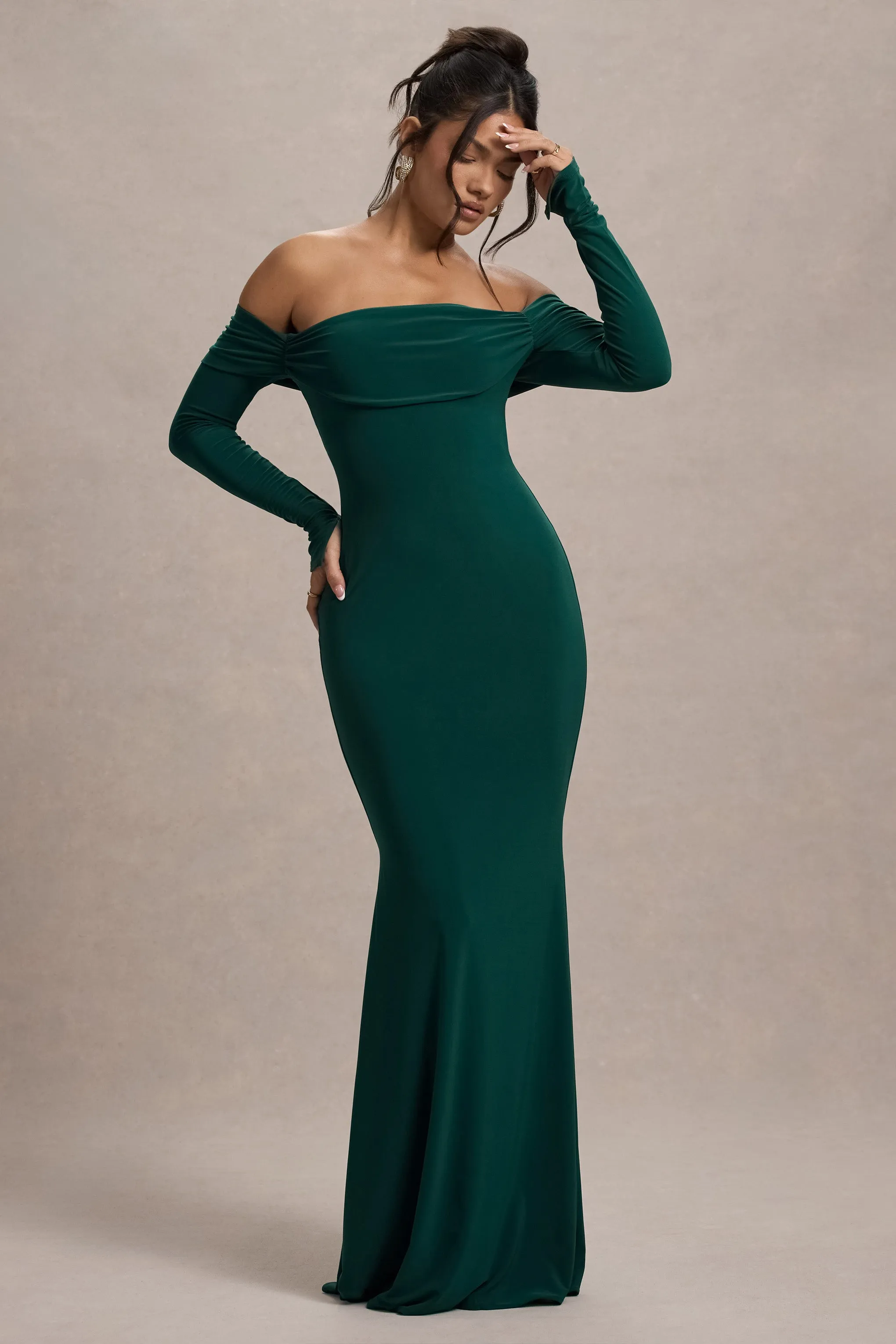 Amaia | Bottle Green Bardot Long-Sleeve Maxi Dress Club L London